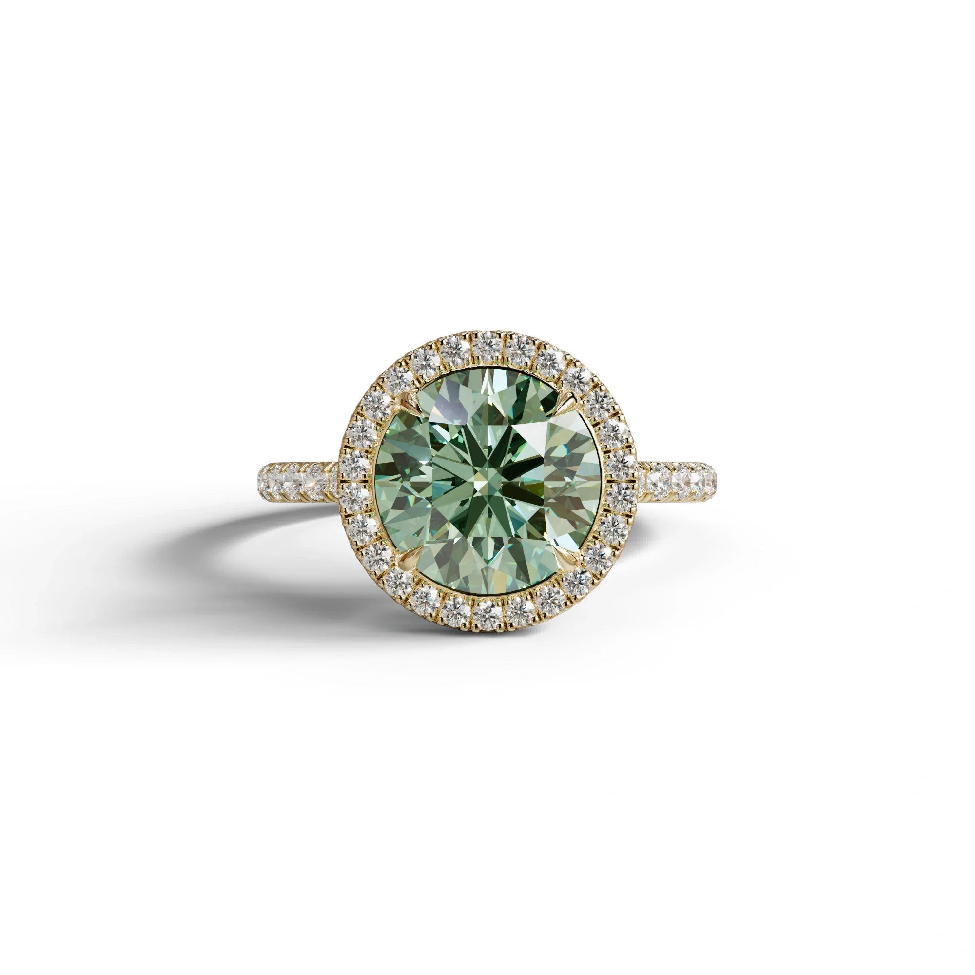 Fancy Vivid Green Round Cut Halo & Pave Lab Grown Diamond Engagement Ring - Flutura - 2 Carat / 10K Solid Gold / Yellow