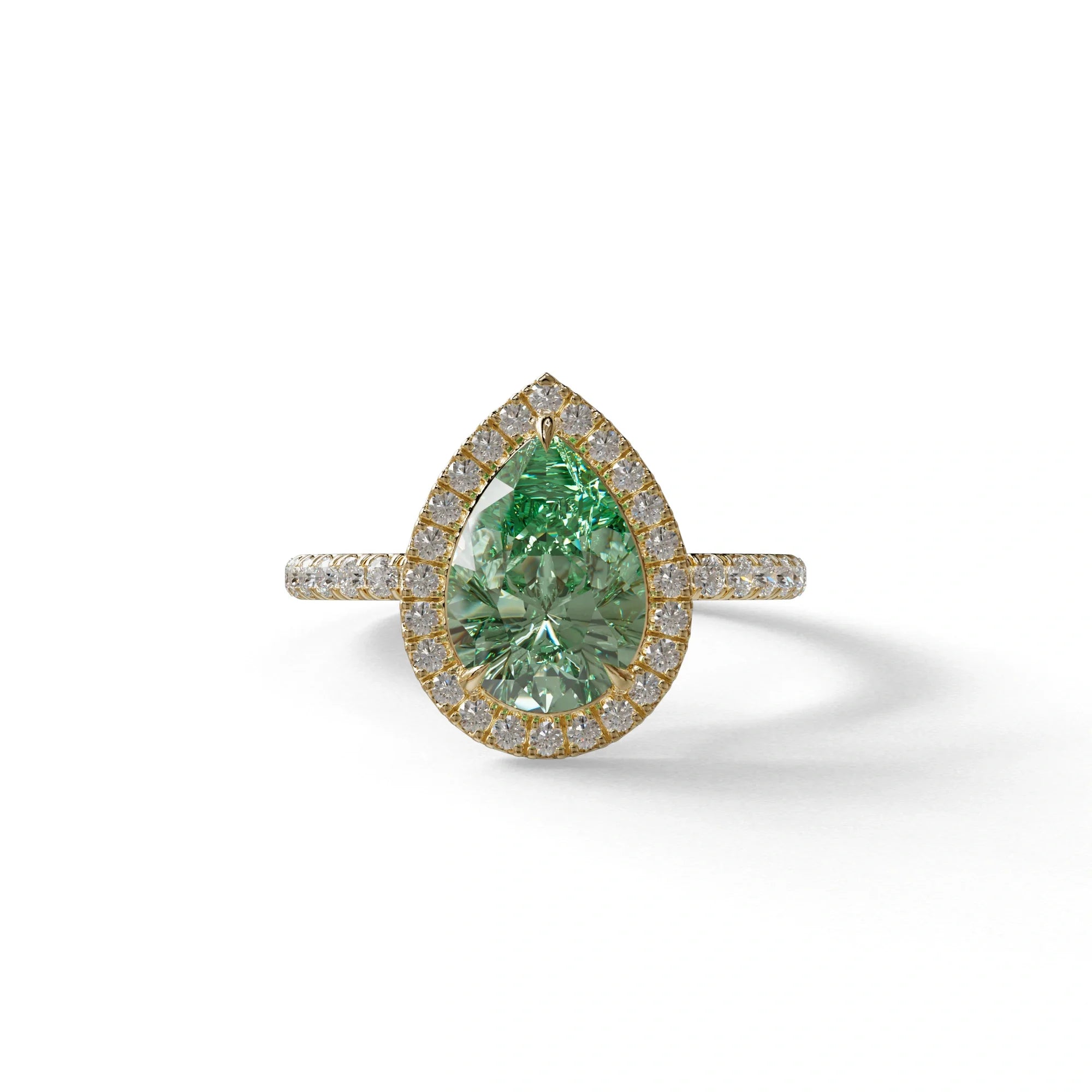 2 Carat Green Pear Cut Halo & Pave Lab Diamond Ring - Glam Deck - 10K Solid Gold / Yellow Gold