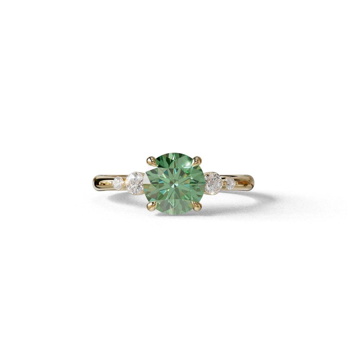 Green Round Three Stone Lab Grown Diamond Engagement Ring - Romance - 2 Carat / 10K Solid Gold / Yellow Gold