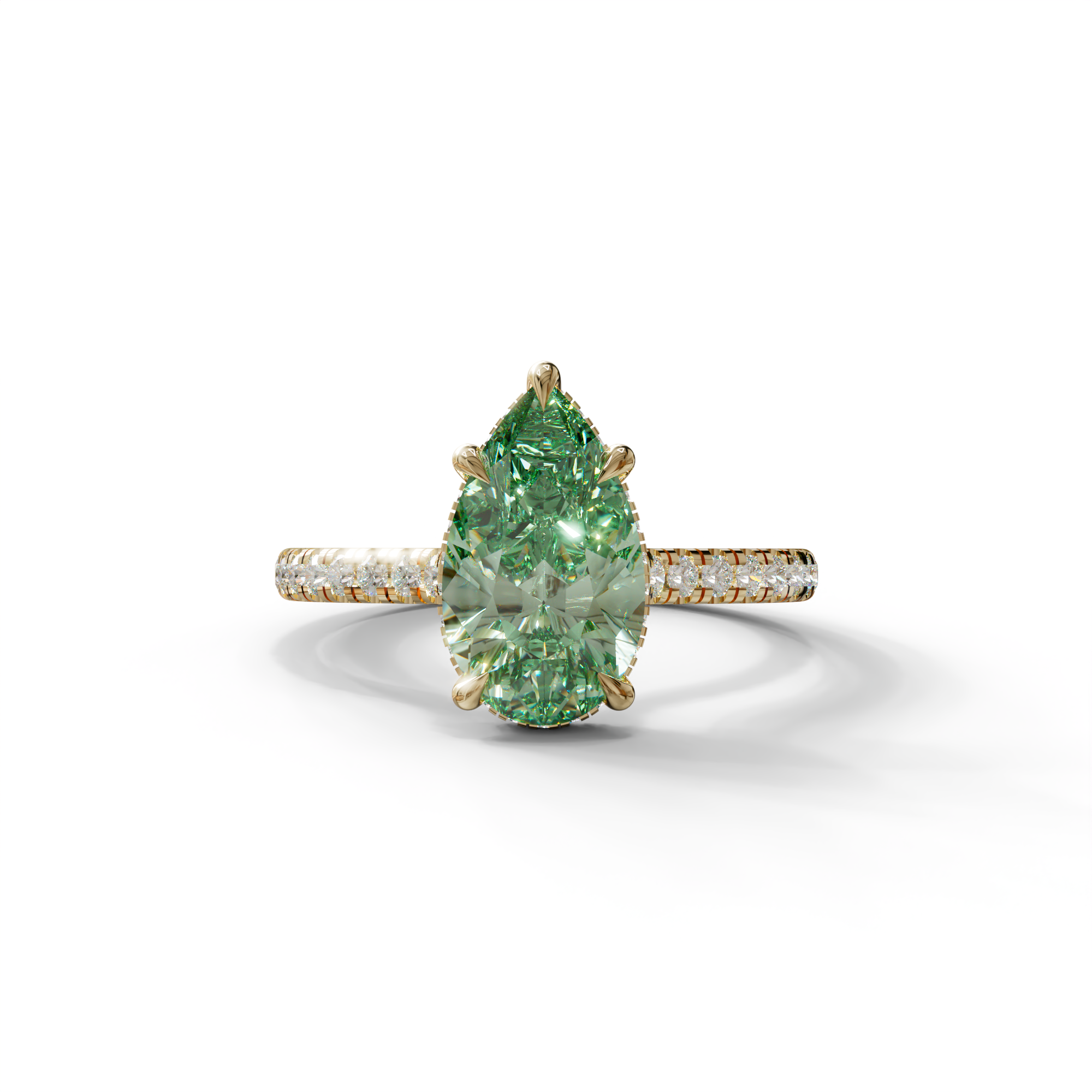3 Carat Green Pear Cut Hidden Halo & Pave Set Lab Diamond Ring - Eblouissant - 10K Solid Gold / Yellow Gold