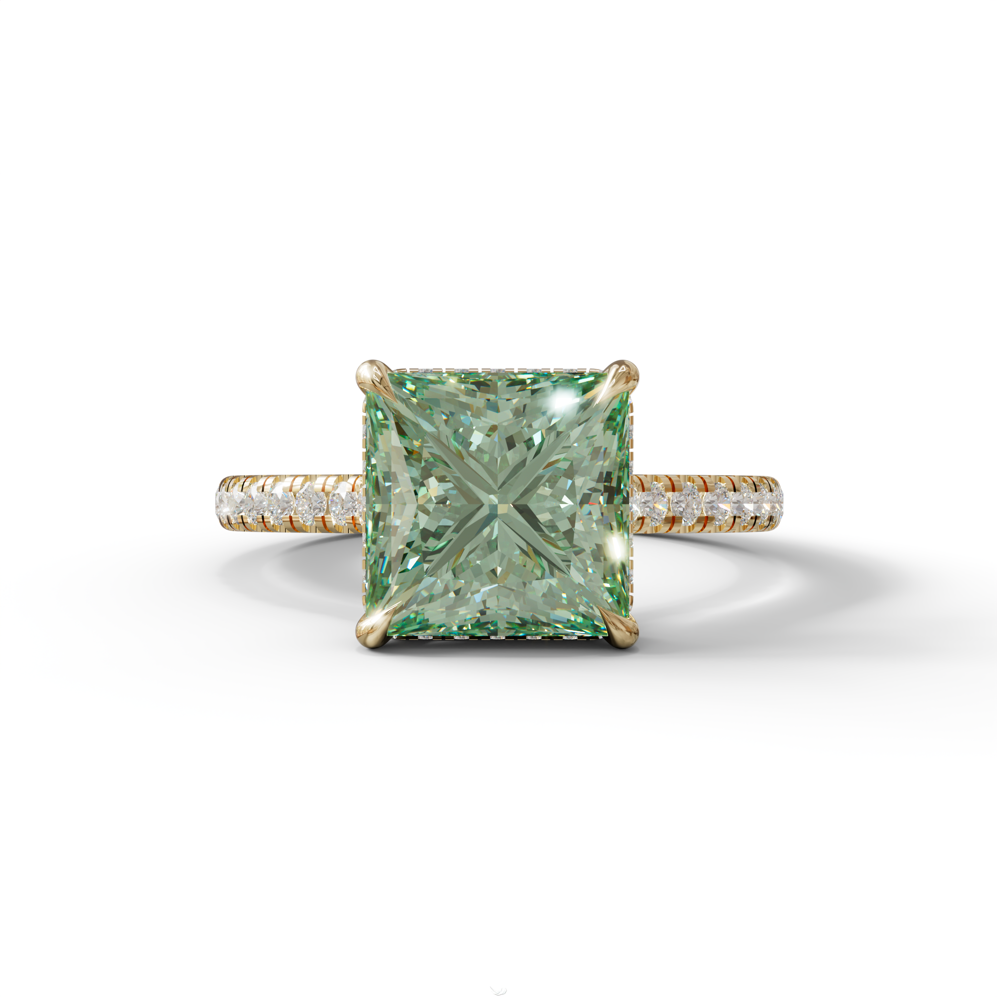3 Carat Fancy Green Princess Cut Hidden Halo Lab Grown Diamond Engagement Ring - 10K Solid Gold / Yellow Gold