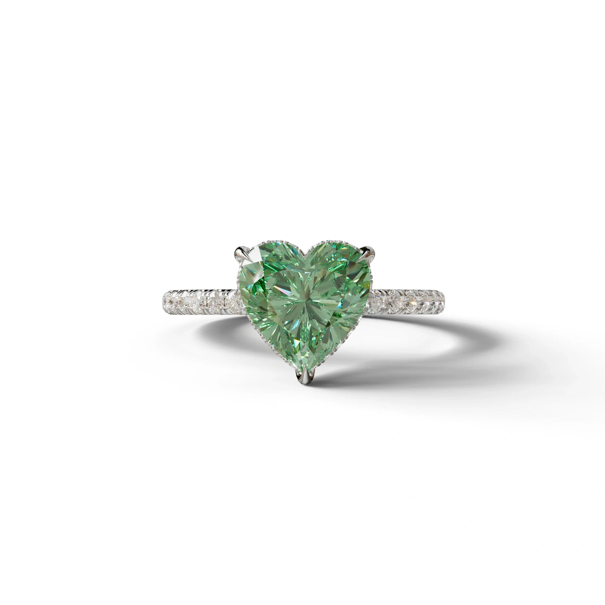 Green 3 Carat Heart Cut Hidden Halo & Pavé Setting Engagement Ring - 10K Solid Gold / White Gold