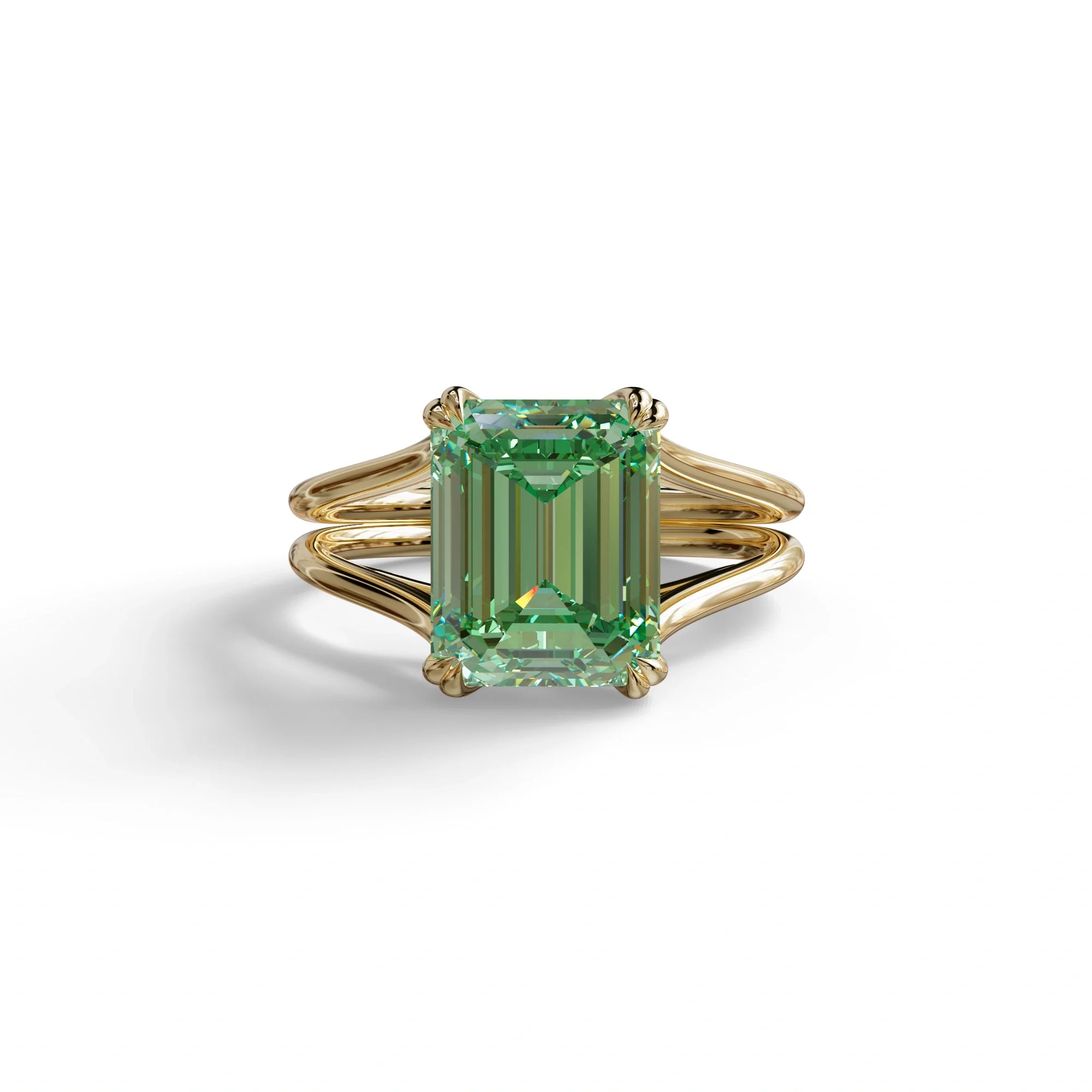 4 Carat Fancy Green Emerald Cut Lab Grown Diamond Engagement Ring - Tesira - 10K Solid Gold / Yellow Gold