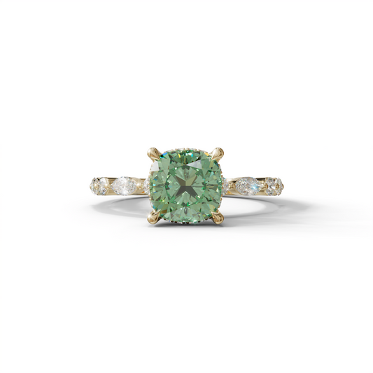 2 Carat Green Cushion Cut Hidden Halo & Pave Lab Diamond Ring - Daisy