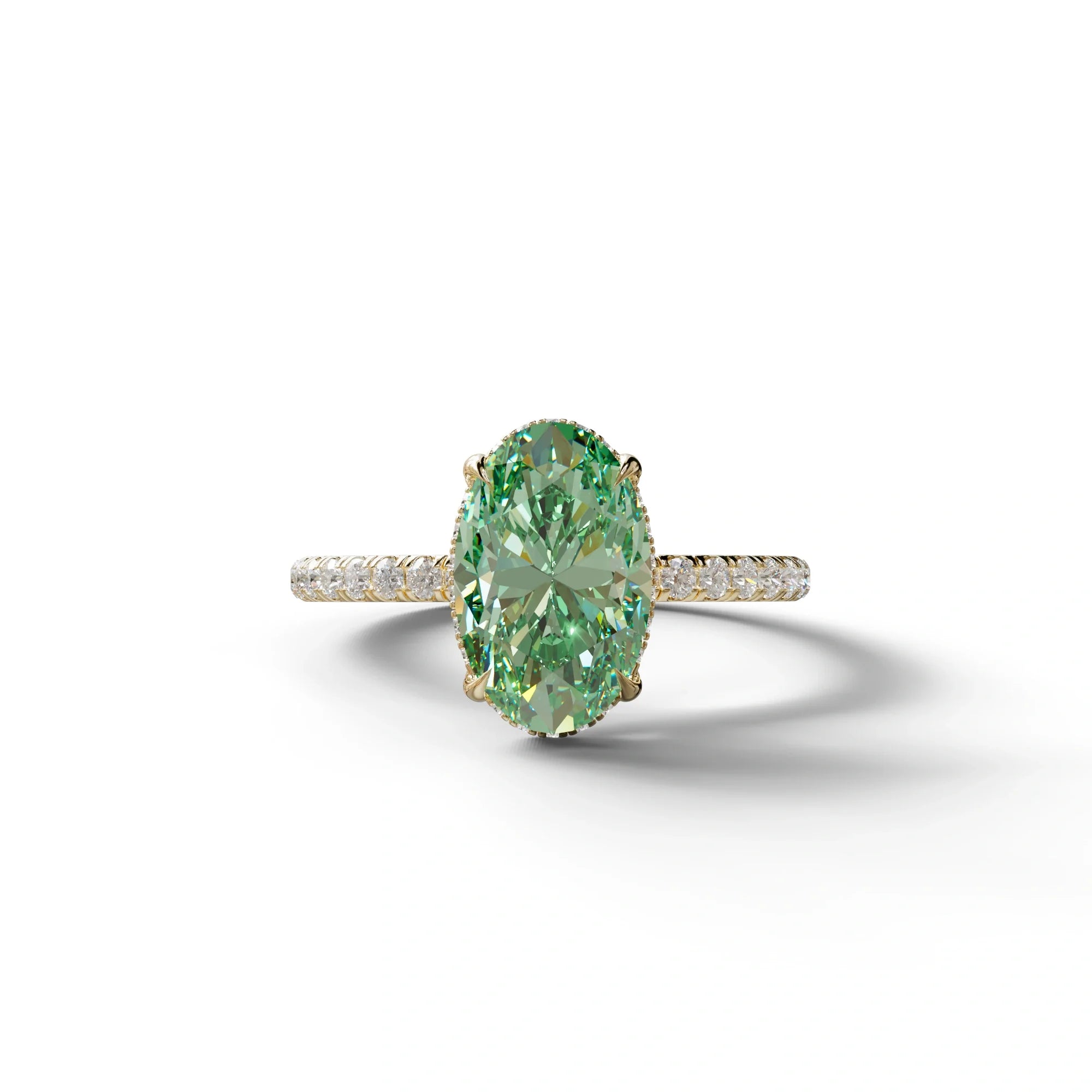 3 Carat Green Oval Cut Hidden Halo & Pave Setting Lab Grown Diamond Ring - 10K Solid Gold / Yellow Gold