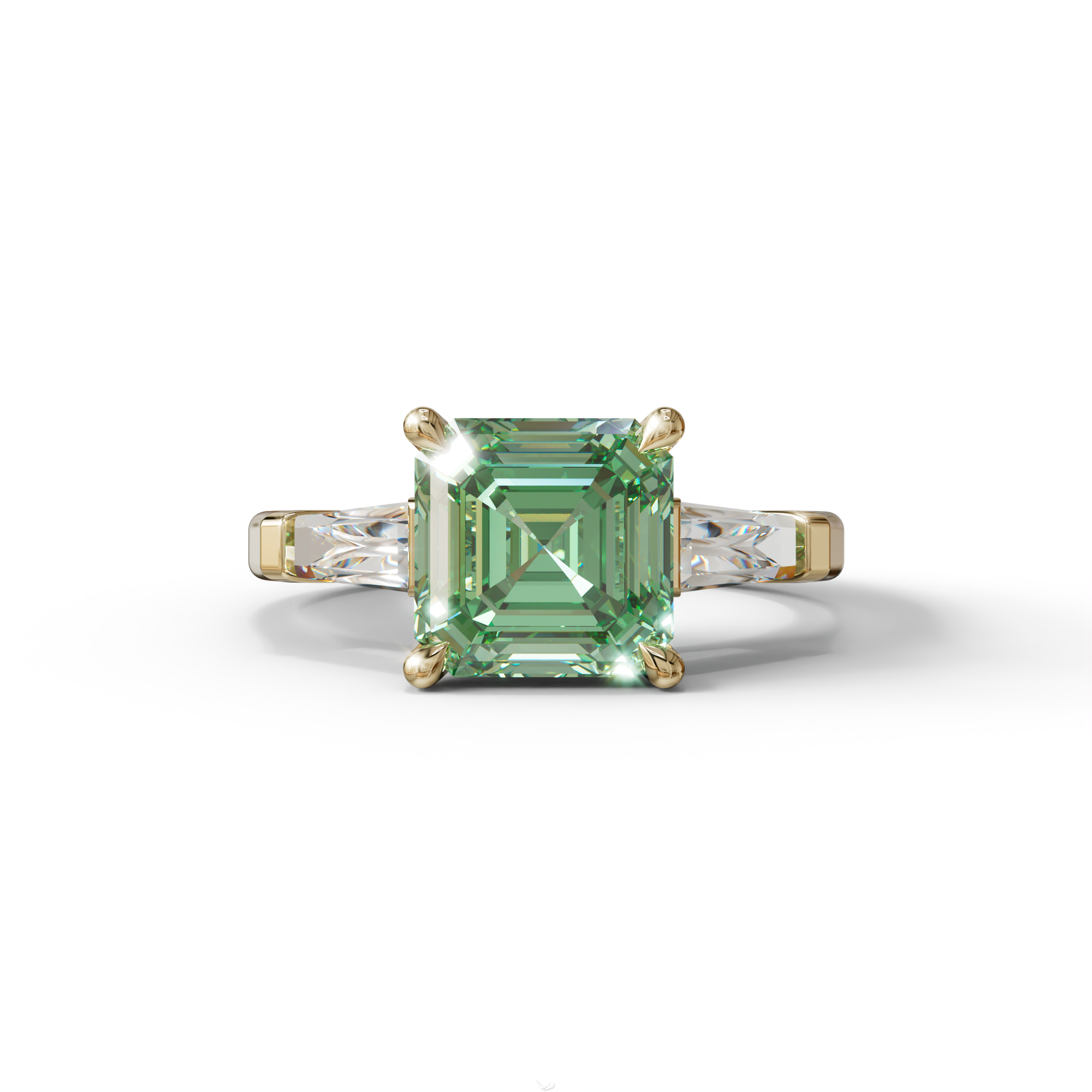 3 Carat Green Asscher & Baguette Cut Multi Stone Lab Diamond Ring - Brillante - 10K Solid Gold / Yellow Gold