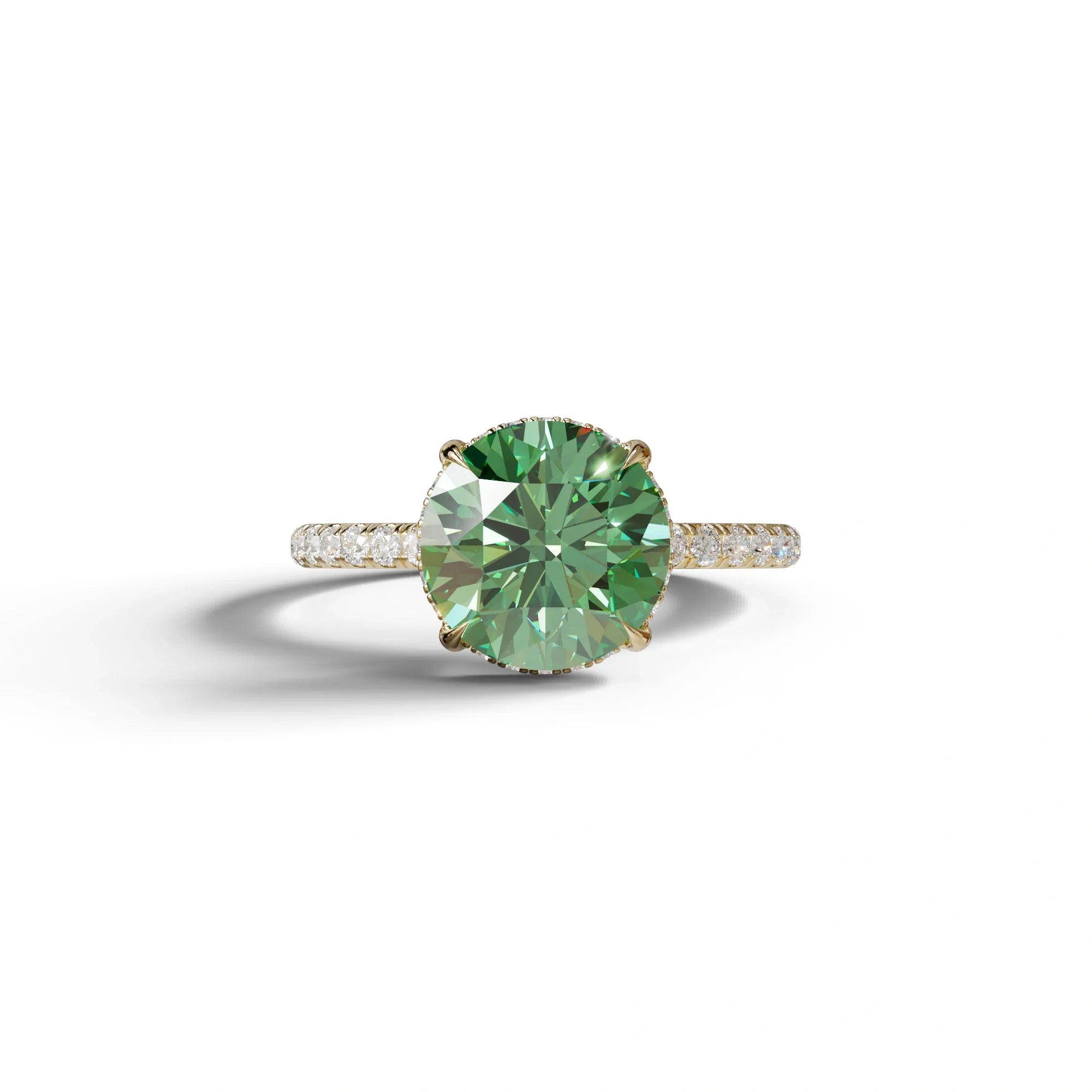 3.5 Carat Green Round Cut Lab Diamond Ring - Halo & Pave Setting Wedding Ring - 10K Solid Gold / Yellow Gold