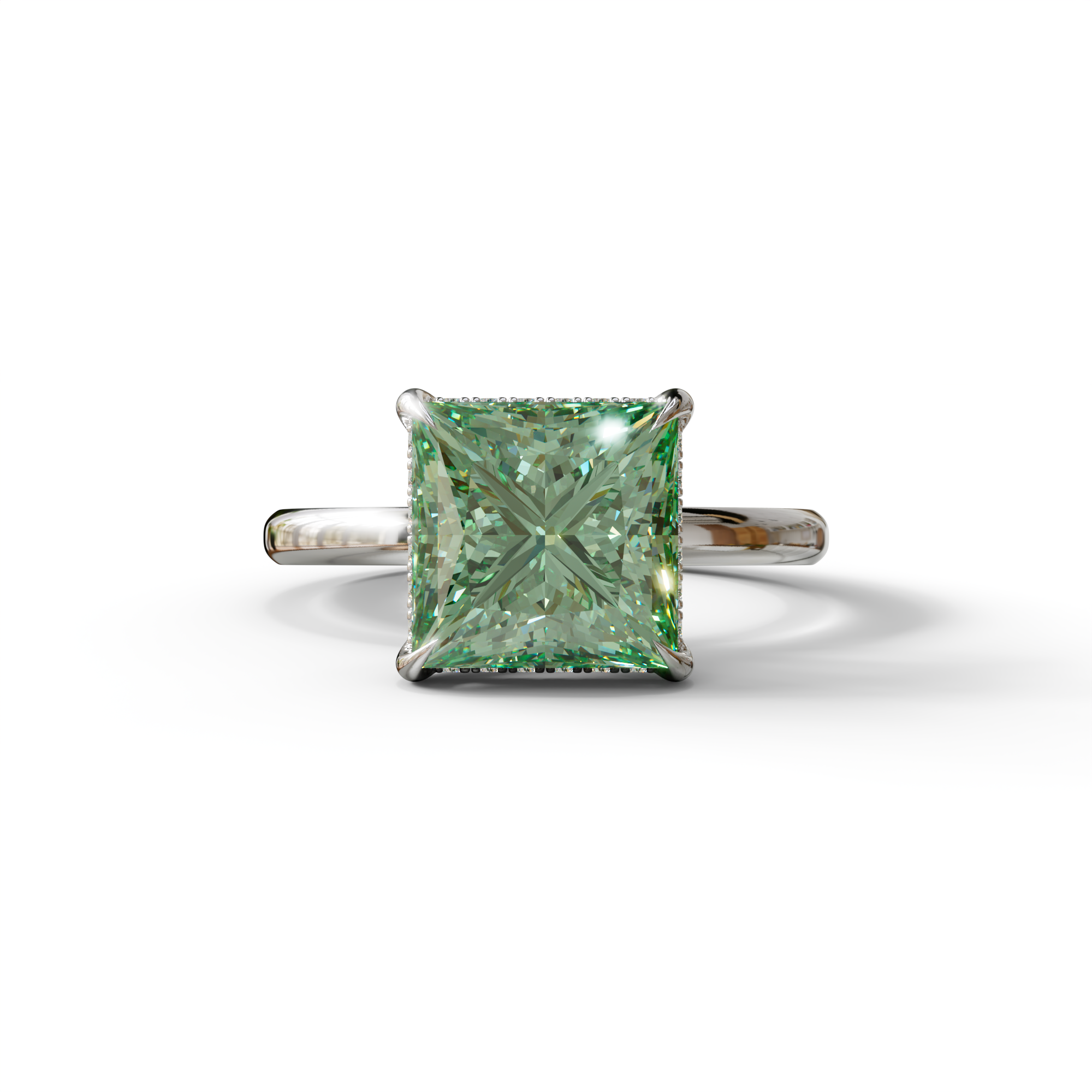 3 Carat Princess Cut Green Lab Diamond Hidden Halo Engagement Ring - 10K Solid Gold / White Gold