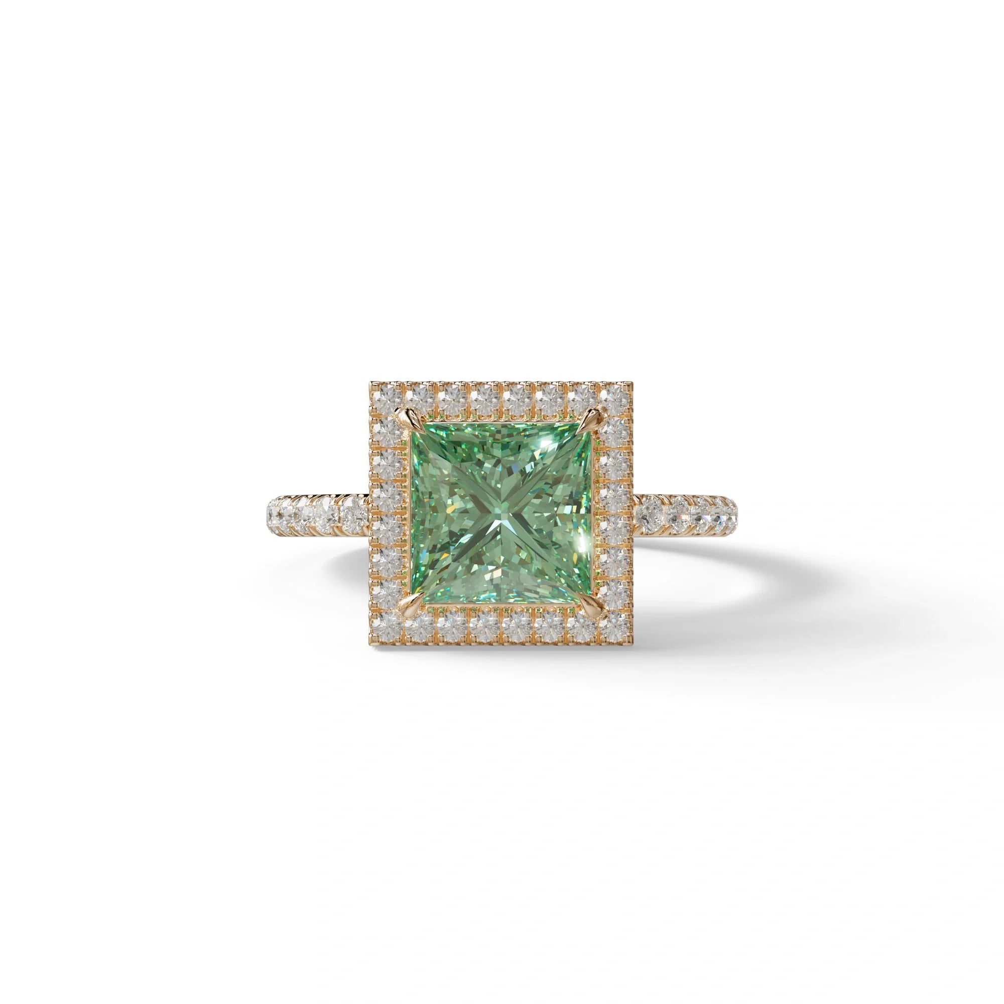 2 Carat Green Princess Cut Halo & Pave Lab Diamond Ring - Diamond Prime - 10K Solid Gold / Yellow Gold