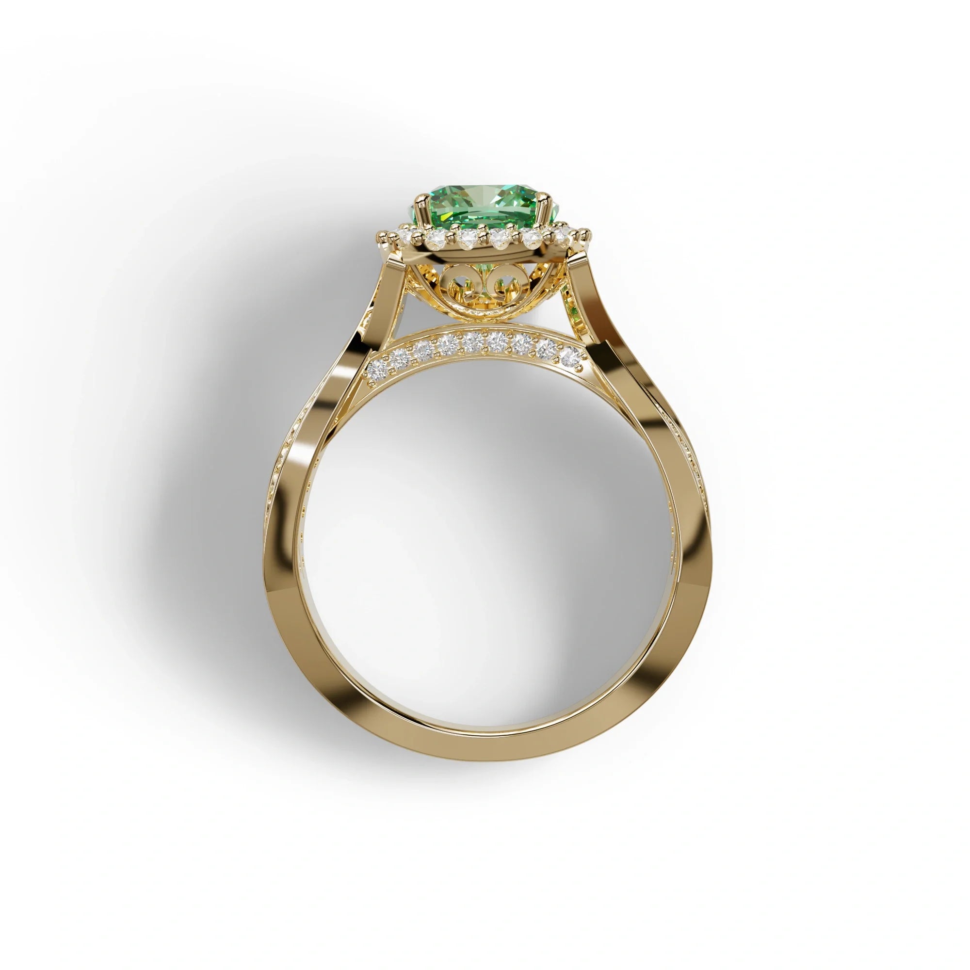 3 Carat Green Cushion Cut Lab Grown Halo Diamond Engagement Ring - Odessa