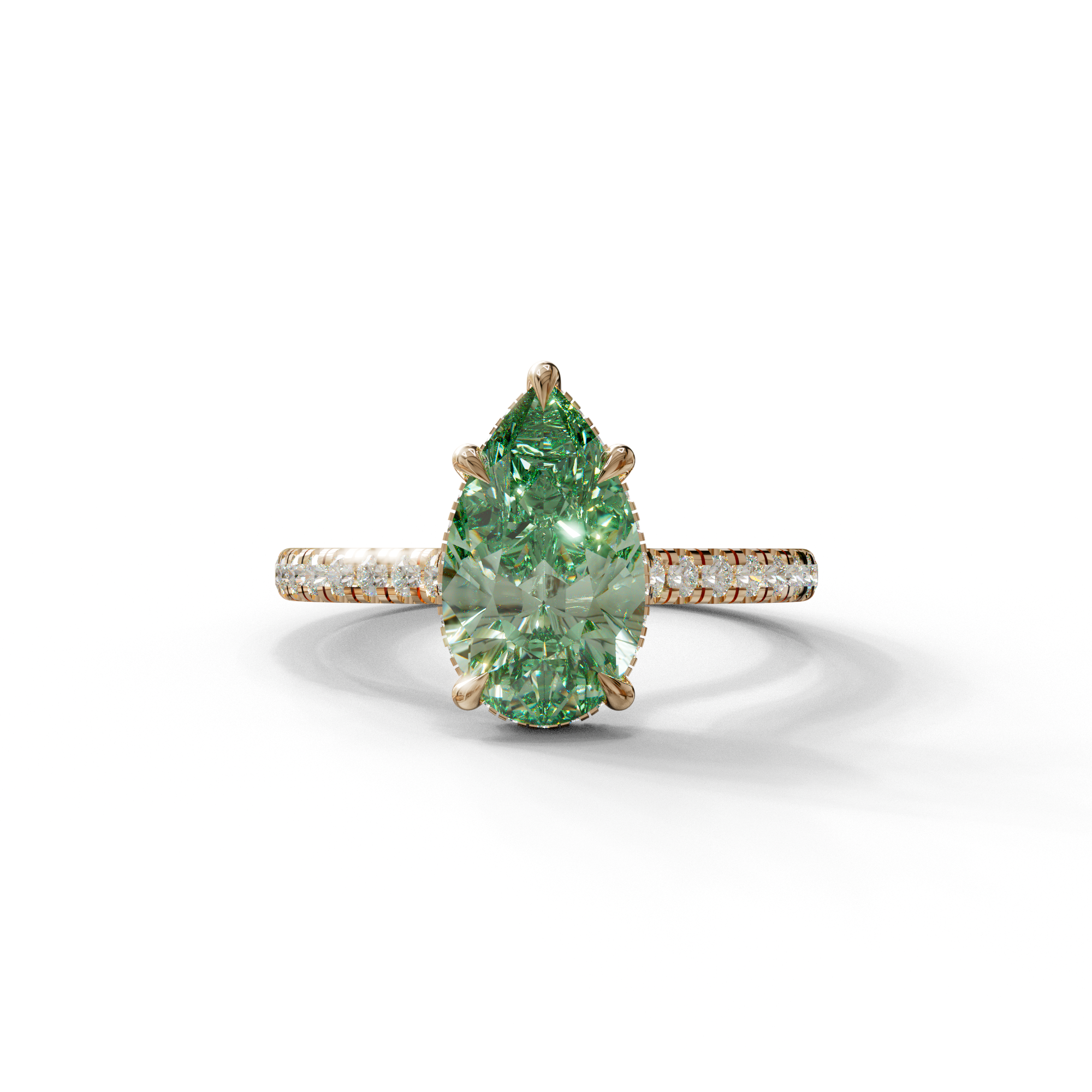 3 Carat Green Pear Cut Hidden Halo & Pave Set Lab Diamond Ring - Eblouissant - 10K Solid Gold / Rose Gold