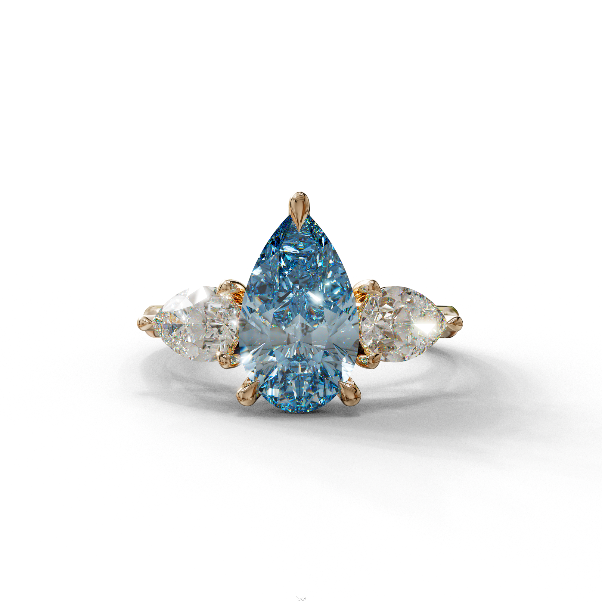 3 Carat Blue Pear Cut Lab Diamond In 3 Stones Claw Prongs Setting Ring - 10K Solid Gold / Rose Gold