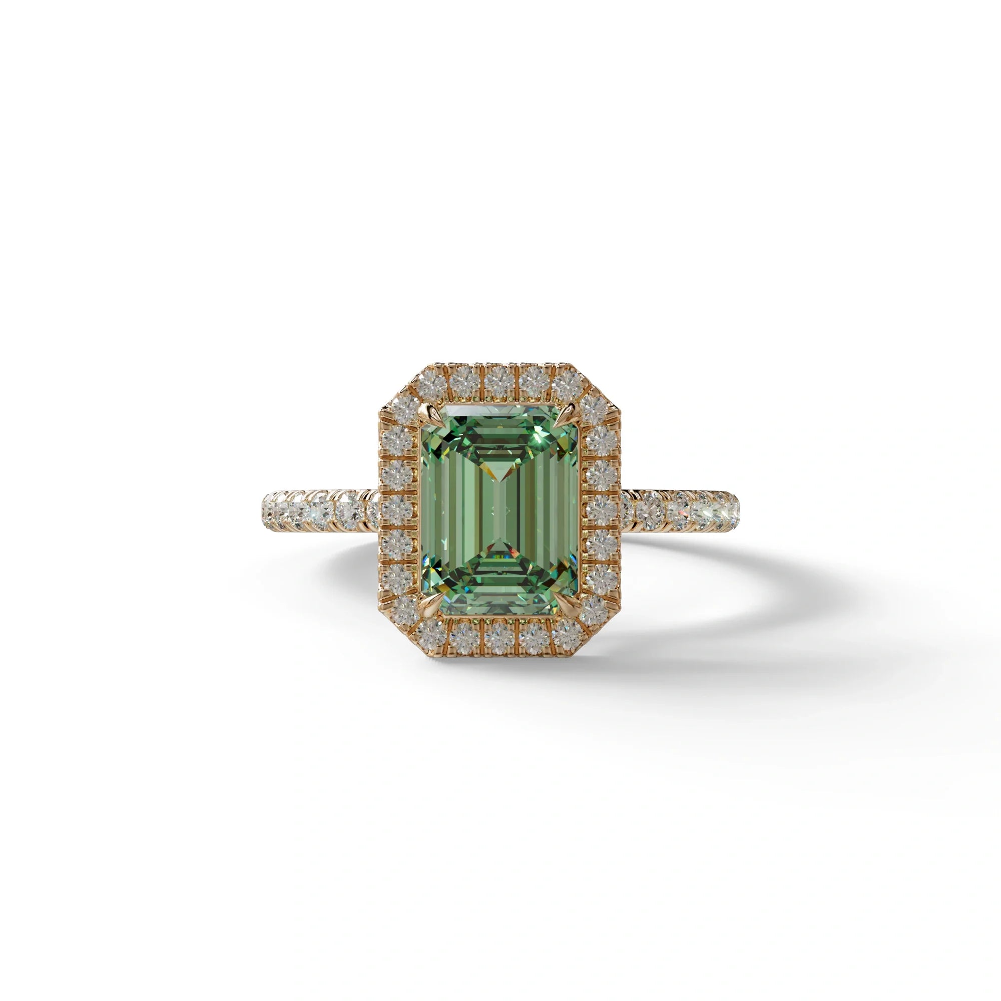Green Emerald Cut Halo & Pave Lab Grown Diamond Engagement Ring - Viola - 2 Carat / 10K Solid Gold / Rose Gold