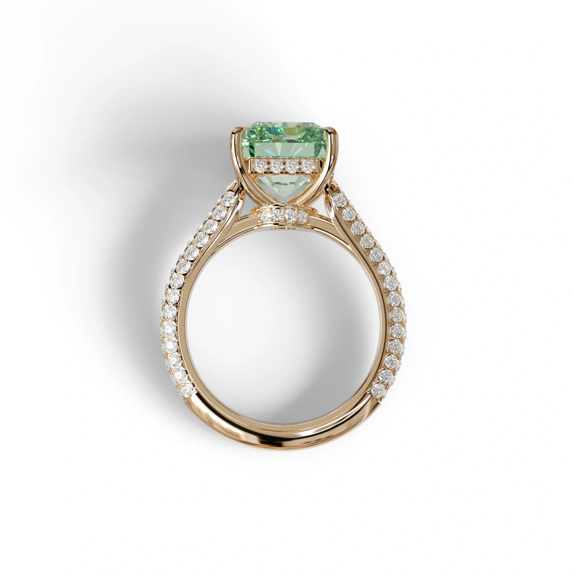 3 Carat Green Radiant Cut Hidden Halo & Pave Set Lab Diamond Ring - Riviera