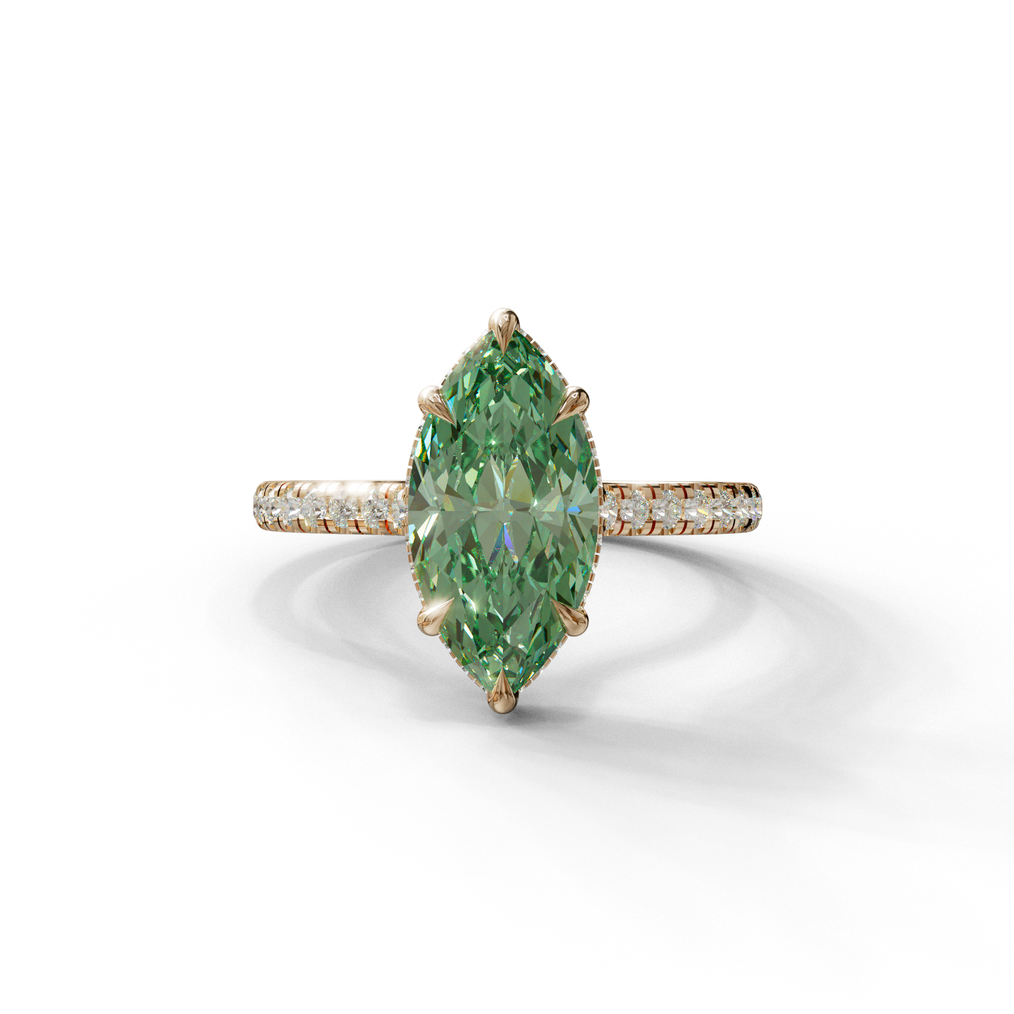 3 Carat Green Marquise Cut Hidden Halo & Pave Set Lab Diamond Ring - Eblouissant - 10K Solid Gold / Rose Gold