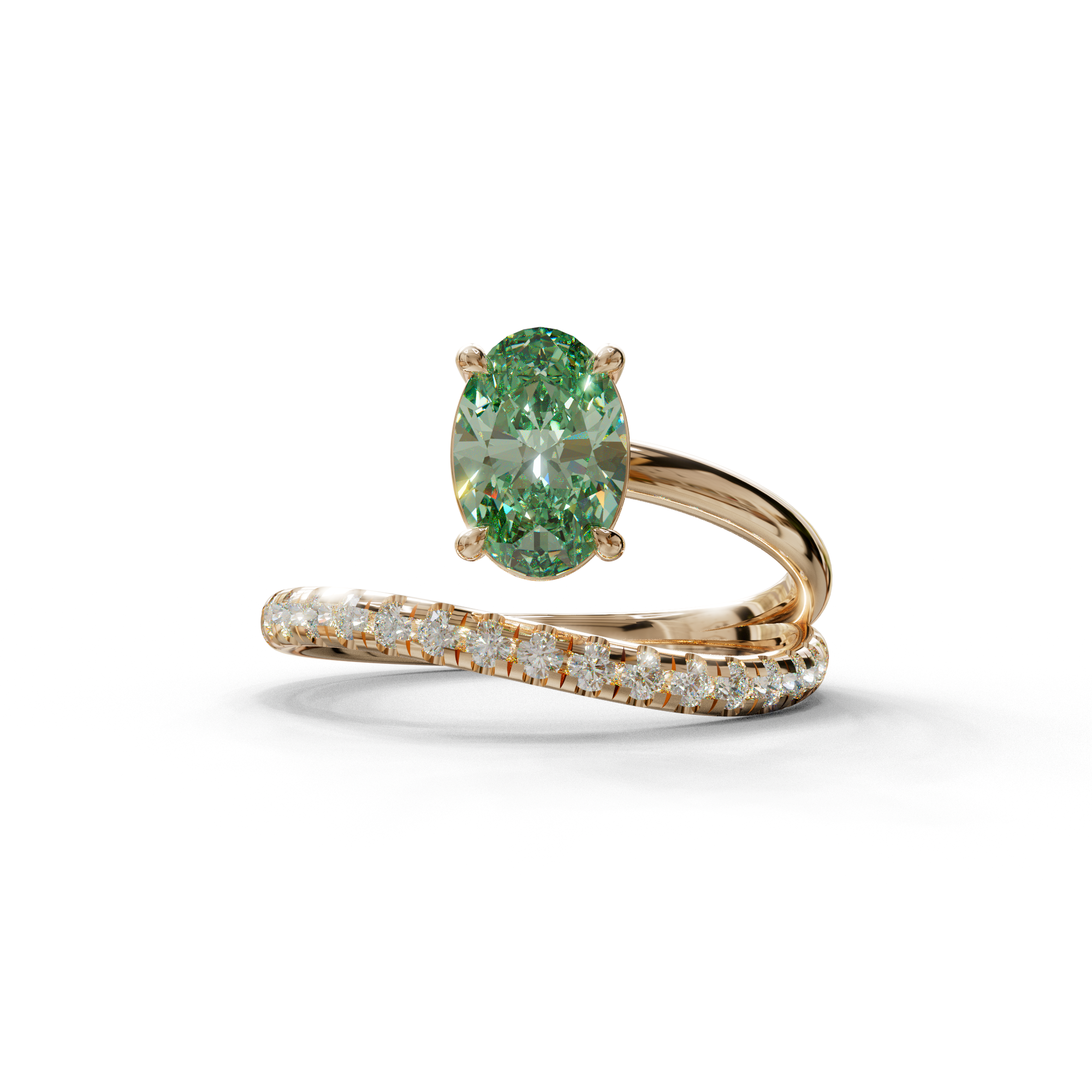 1.5 Carat S-Curve Green Oval Diamond Pave-set Diamond Ring - Bypass - 10K Solid Gold / Rose Gold