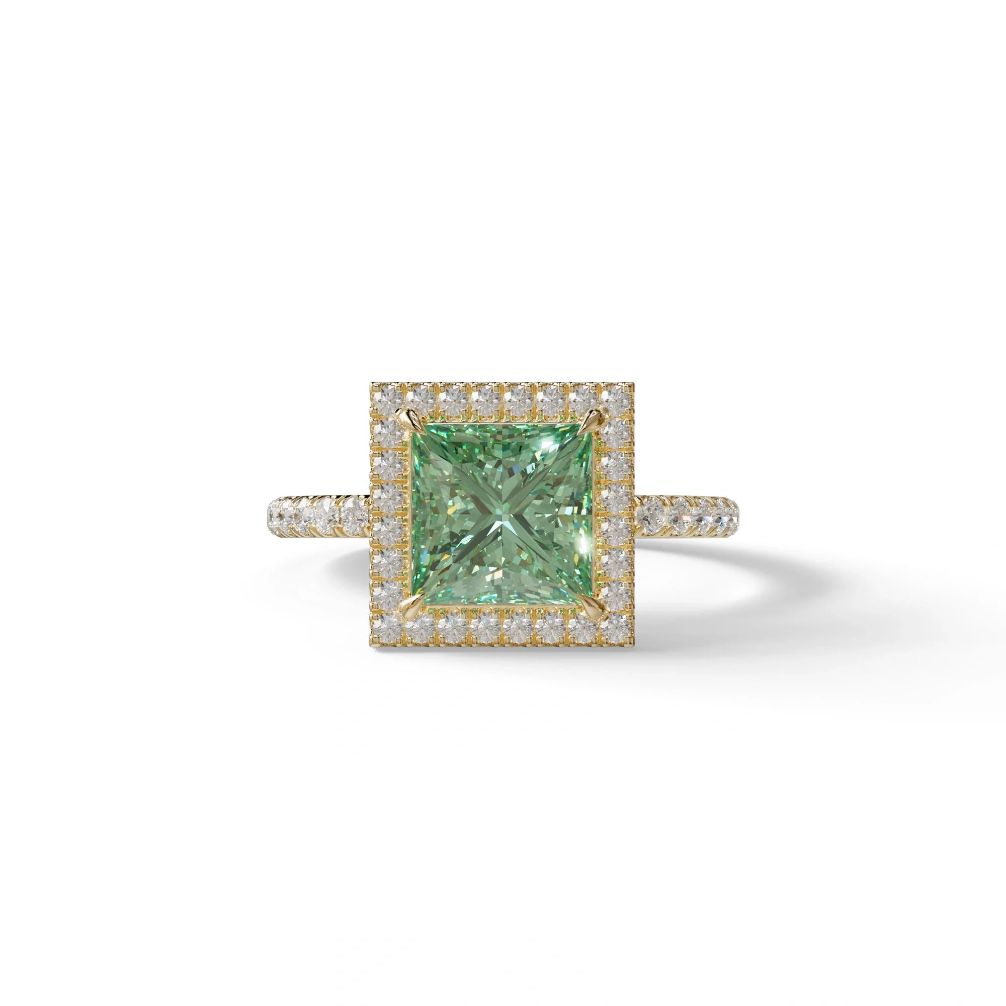2 Carat Green Princess Cut Halo & Pave Lab Diamond Ring - Diamond Prime - 10K Solid Gold / Rose Gold