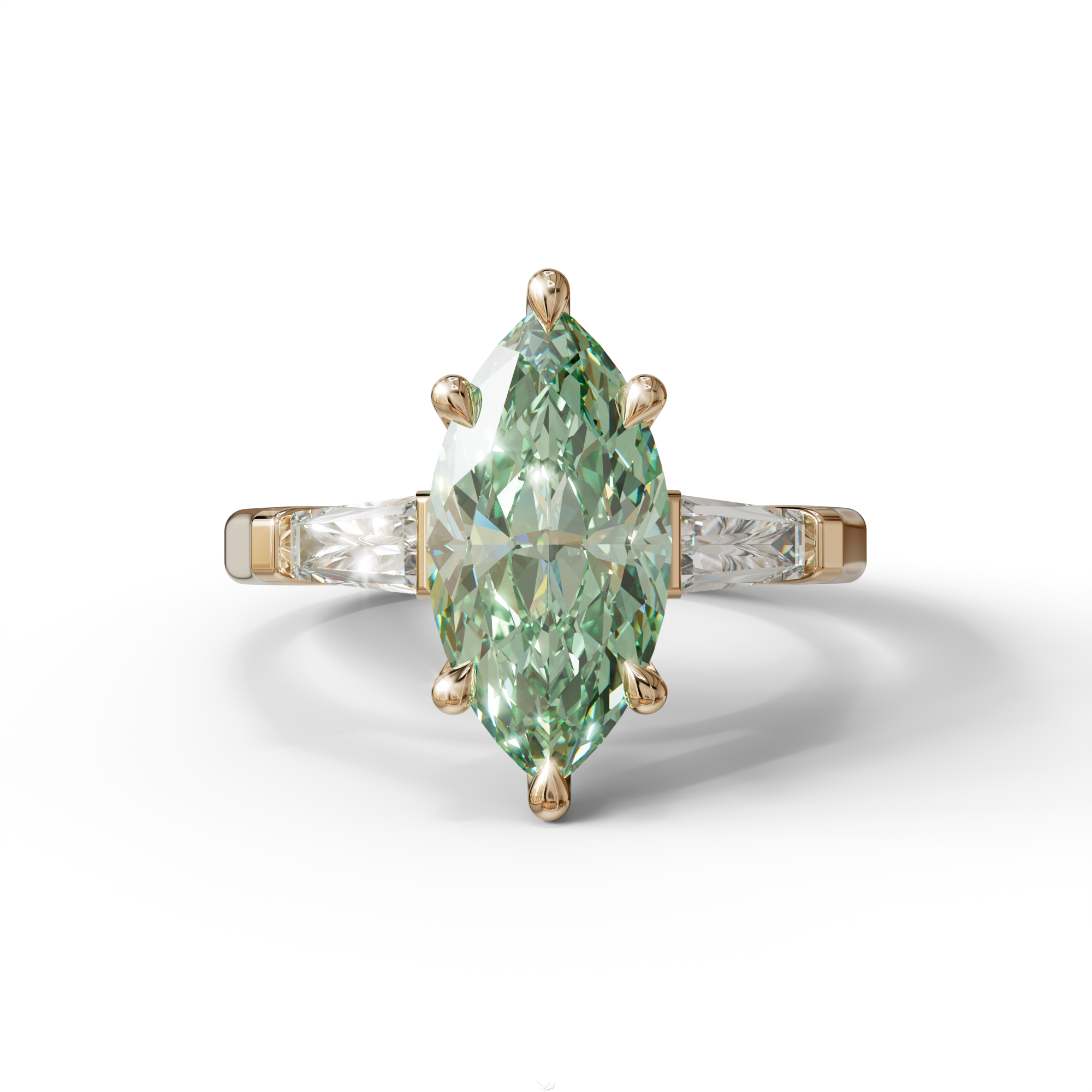Green Marquise & Tapered Baguette Multi Stone Engagement Ring - 10K Solid Gold / Rose Gold