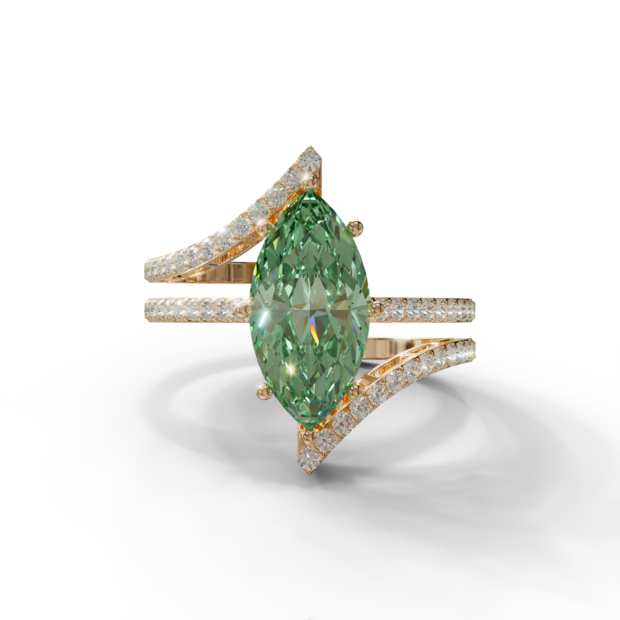 2 Carat Marquise Cut Green Lab Diamond Ring with Double Pave Setting - 10K Solid Gold / Rose Gold