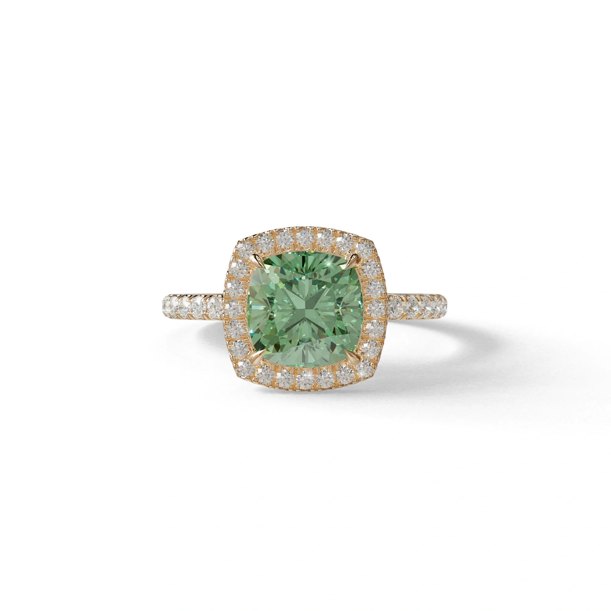Green Cushion Cut Halo & Pave Lab Grown Diamond Engagement Ring - Rosa - 2 Carat / 10K Solid Gold / Rose Gold