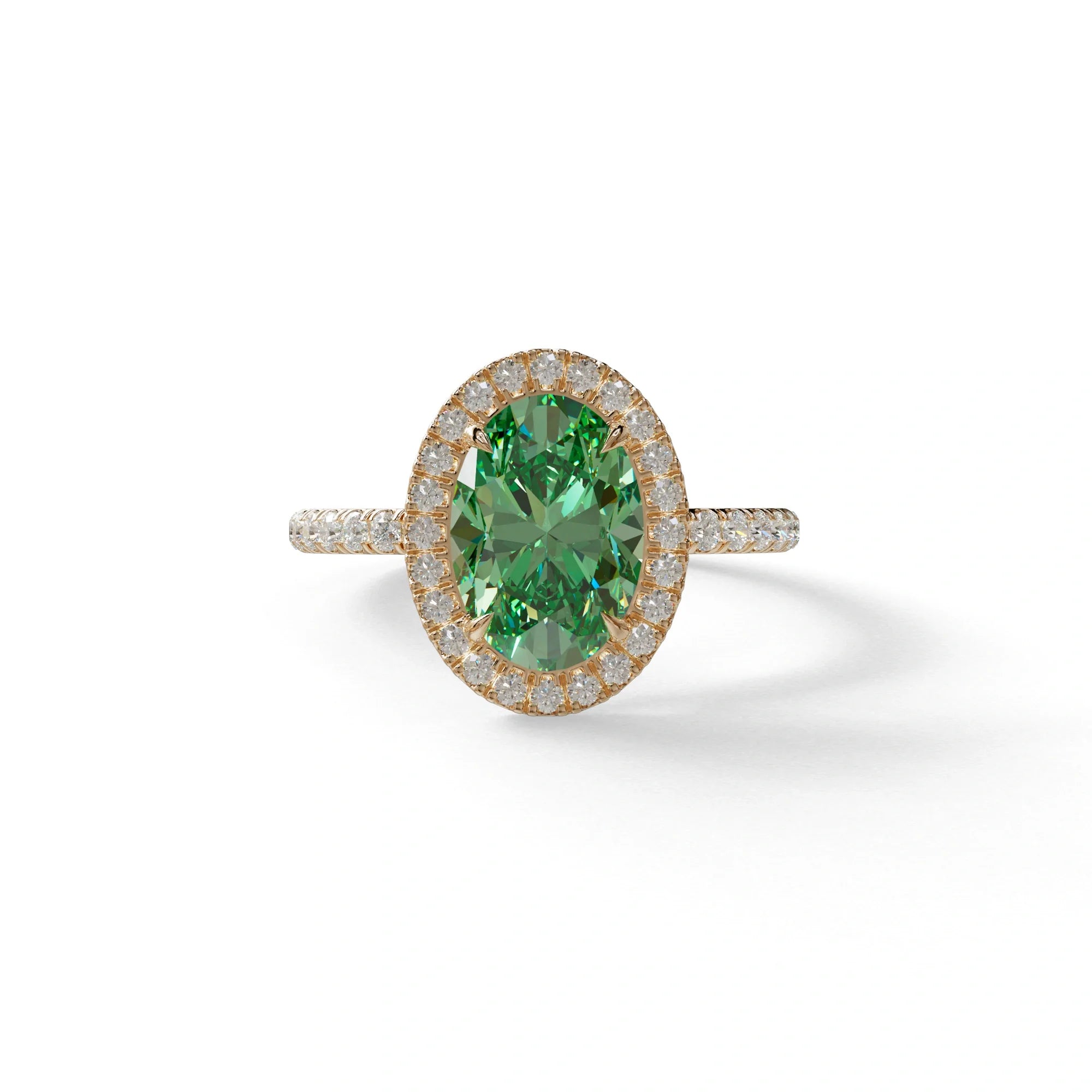 Green Oval Cut Halo & Pave Lab Grown Diamond Engagement Ring - AnnaBella - 2 Carat / 10K Solid Gold / Rose Gold