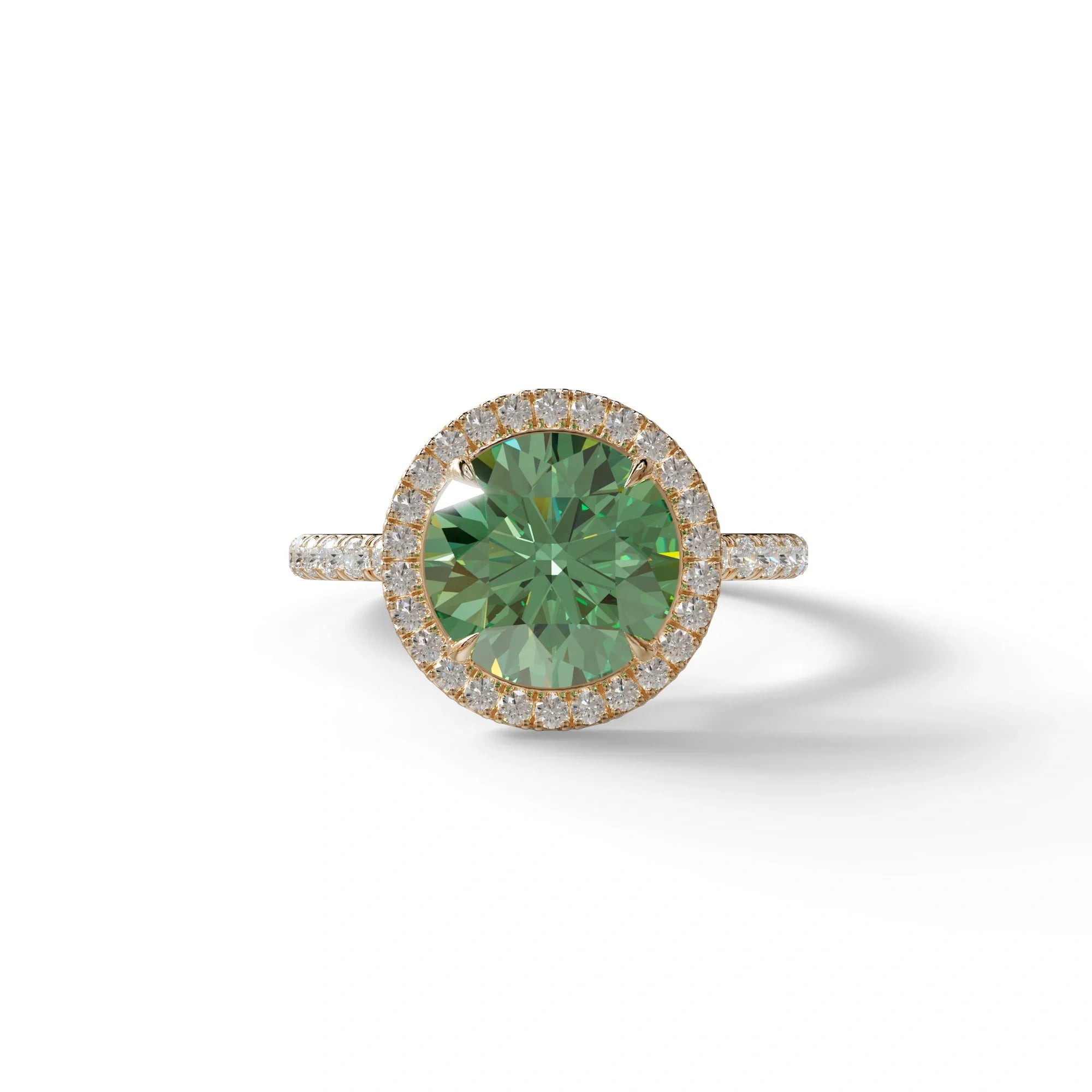 Fancy Vivid Green Round Cut Halo & Pave Lab Grown Diamond Engagement Ring - Flutura - 2 Carat / 10K Solid Gold / Rose