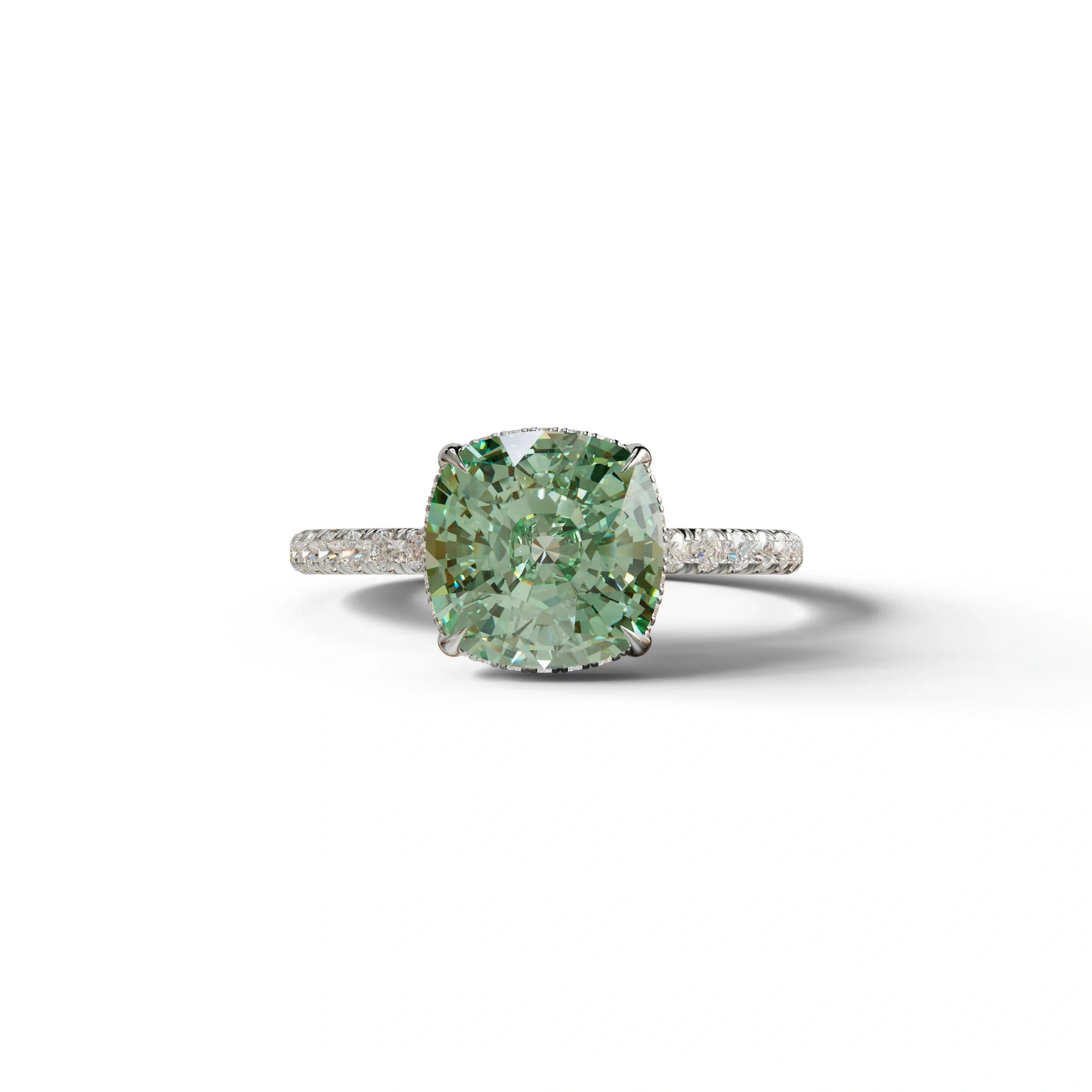 2.5 Carat Green Cushion Cut Hidden Halo & Pave Lab Grown Diamond Ring - 10K Solid Gold / White Gold