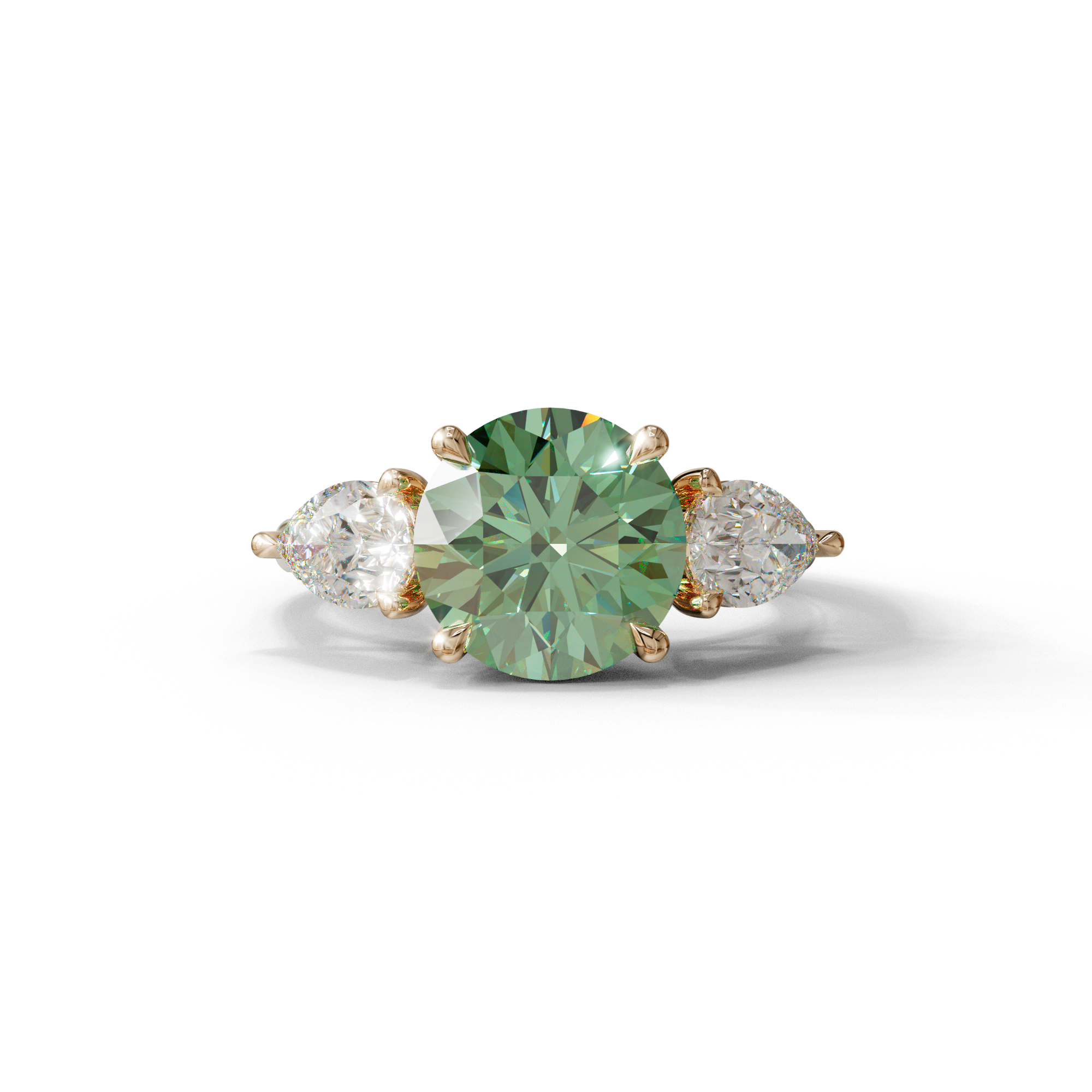 5 Carat Green Round & Pear Cut Three Stone Lab Diamond Ring - Luminous - 10K Solid Gold / Rose Gold