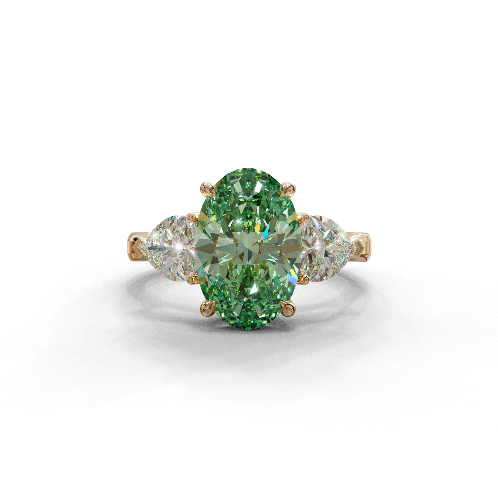 4 Ct Green Oval & Heart Shape 3 Stone Engagement Diamond Ring - Lucid - 10K Solid Gold / Rose Gold