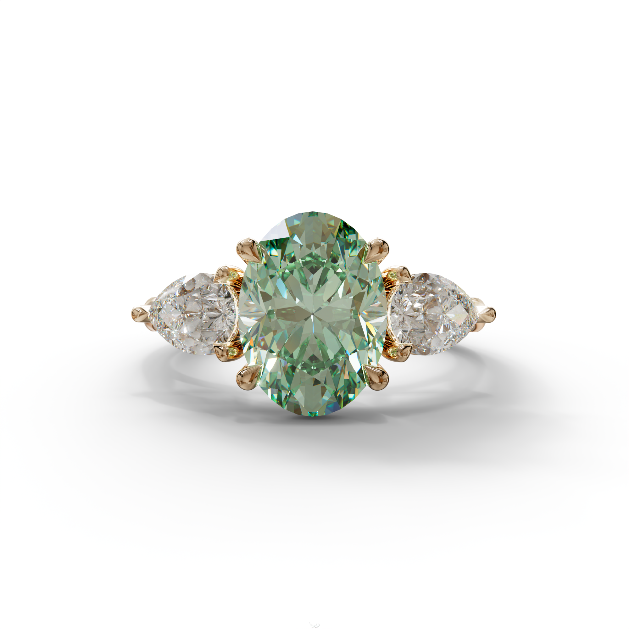 3 Carat Green Oval Lab Grown Diamond Engagement Ring – Three Stone Pear Cut Setting - 10K Solid Gold / Rose Gold