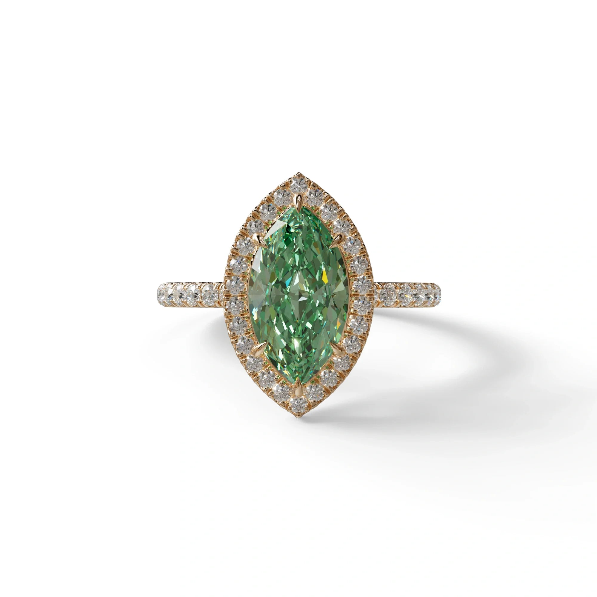 Green Marquise Cut Halo & Pave Lab Grown Diamond Engagement Ring - Simplicity - 2 Carat / 10K Solid Gold / Rose Gold