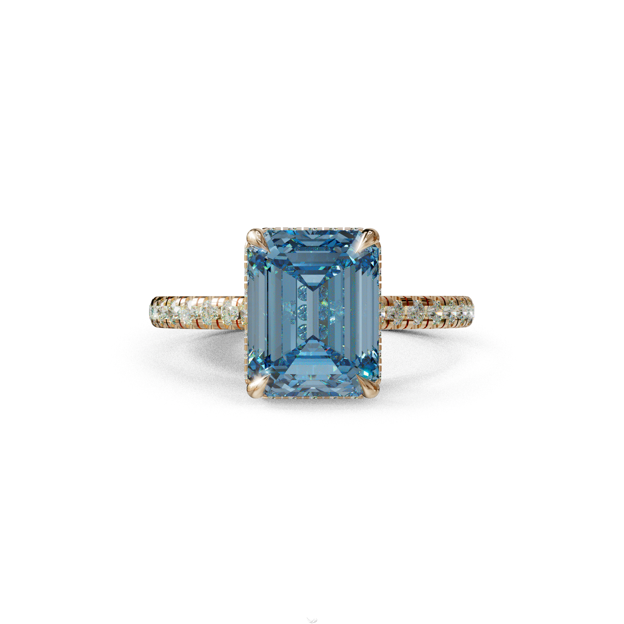 2.5 Ct Blue Emerald Cut Lab Diamond In Hidden Halo & Pave Setting Ring - Siena 10K Solid Gold / Rose Gold