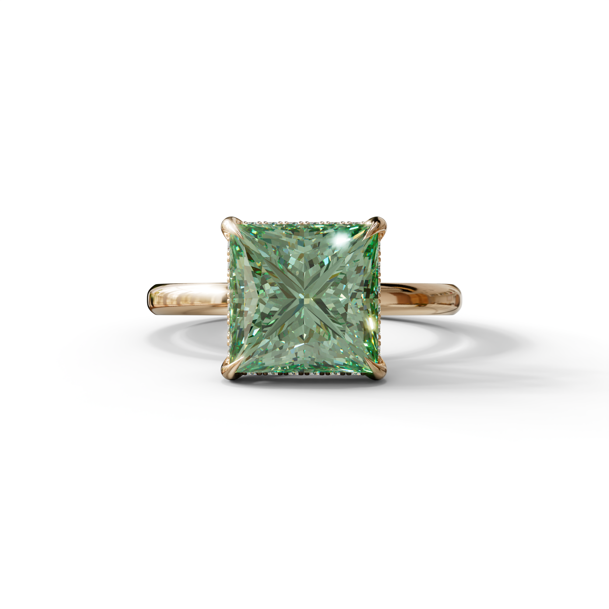 3 Carat Princess Cut Green Lab Diamond Hidden Halo Engagement Ring - 10K Solid Gold / Rose Gold