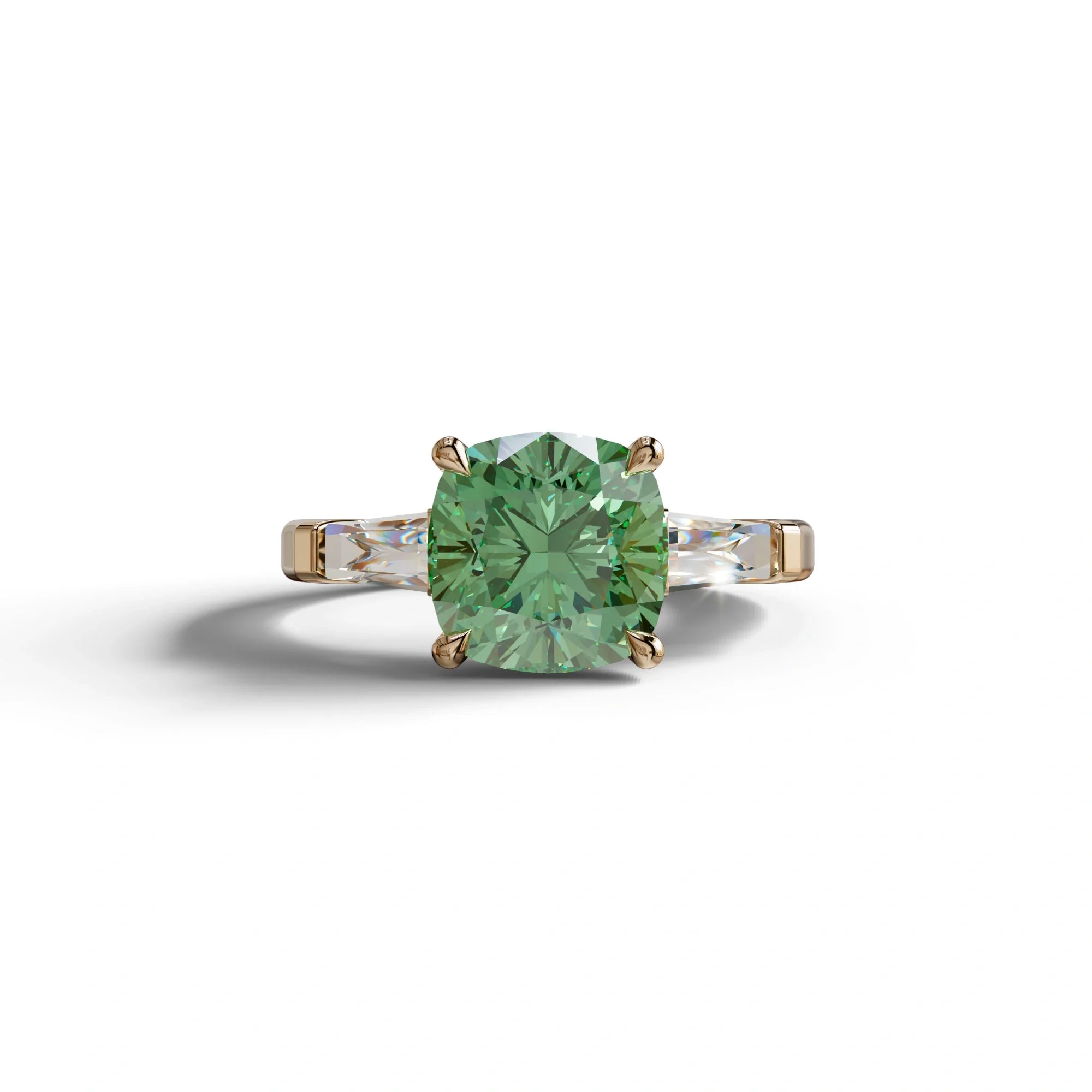 3 Carat Green Cushion & Tapered Baguette Three Stone Engagement Ring - 10K Solid Gold / Rose Gold