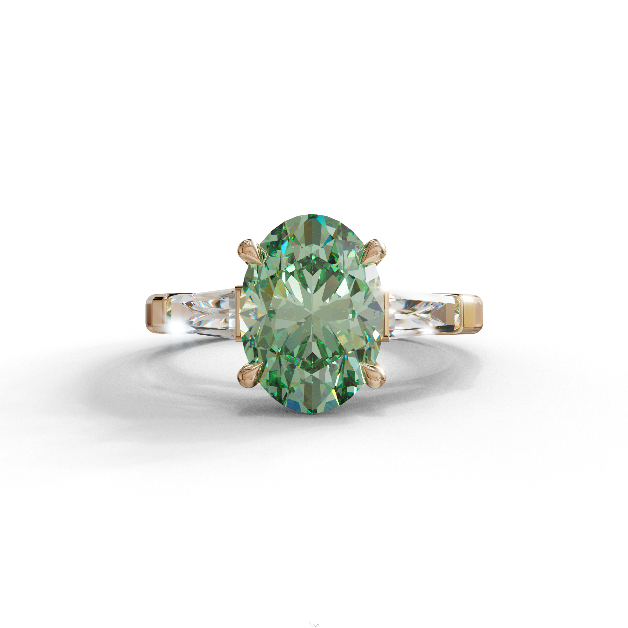 3 Carat Green Oval & Tapered Baguette Lab Grown Diamond Three Stone Engagement Ring - 10K Solid Gold / Rose Gold