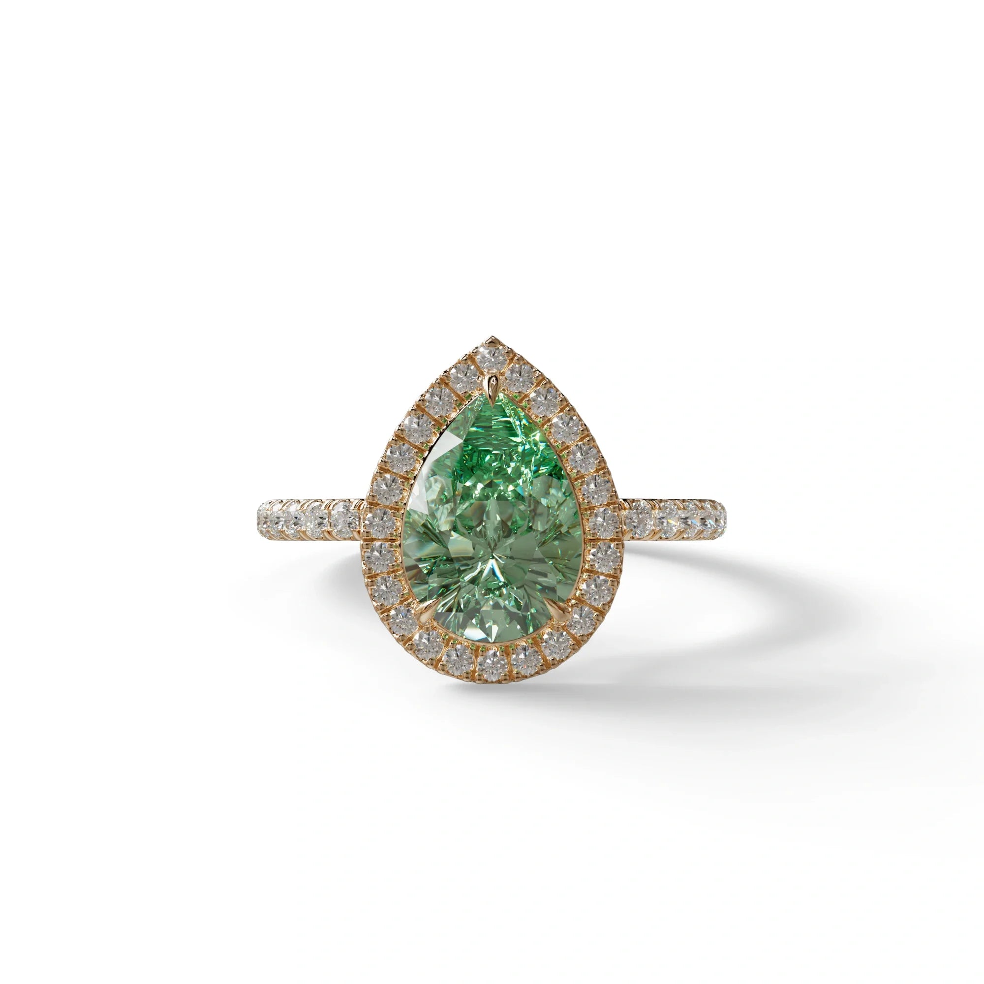 2 Carat Green Pear Cut Halo & Pave Lab Diamond Ring - Glam Deck - 10K Solid Gold / Rose Gold