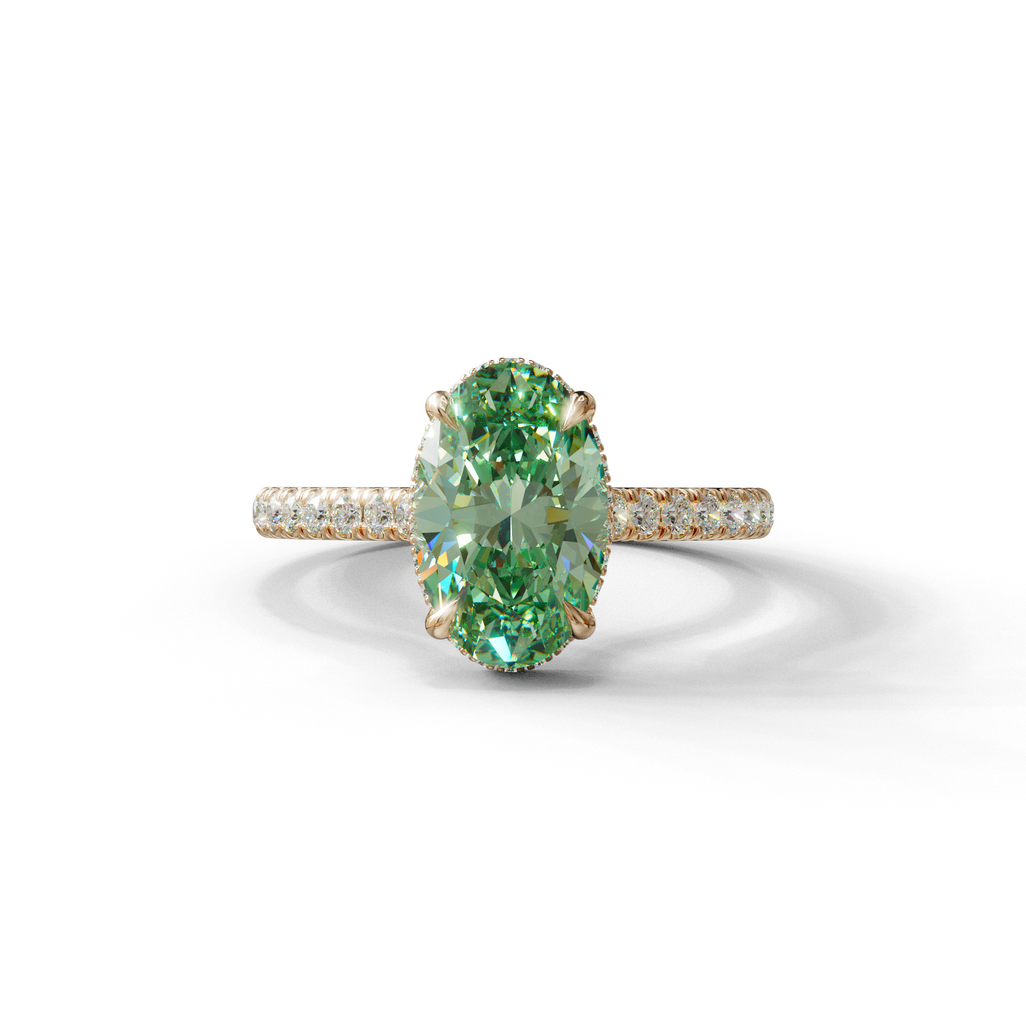 2.5 Carat Green Oval Hidden Halo & Pave Setting Lab Diamond Ring - Eblouissant - 10K Solid Gold / Rose Gold