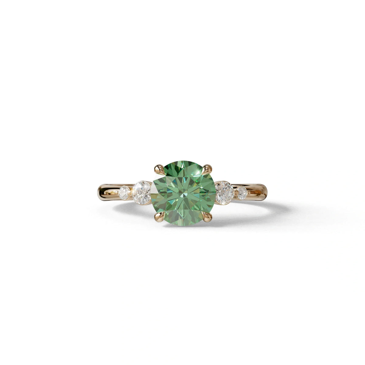 Green Round Three Stone Lab Grown Diamond Engagement Ring - Romance - 2 Carat / 10K Solid Gold / Rose Gold