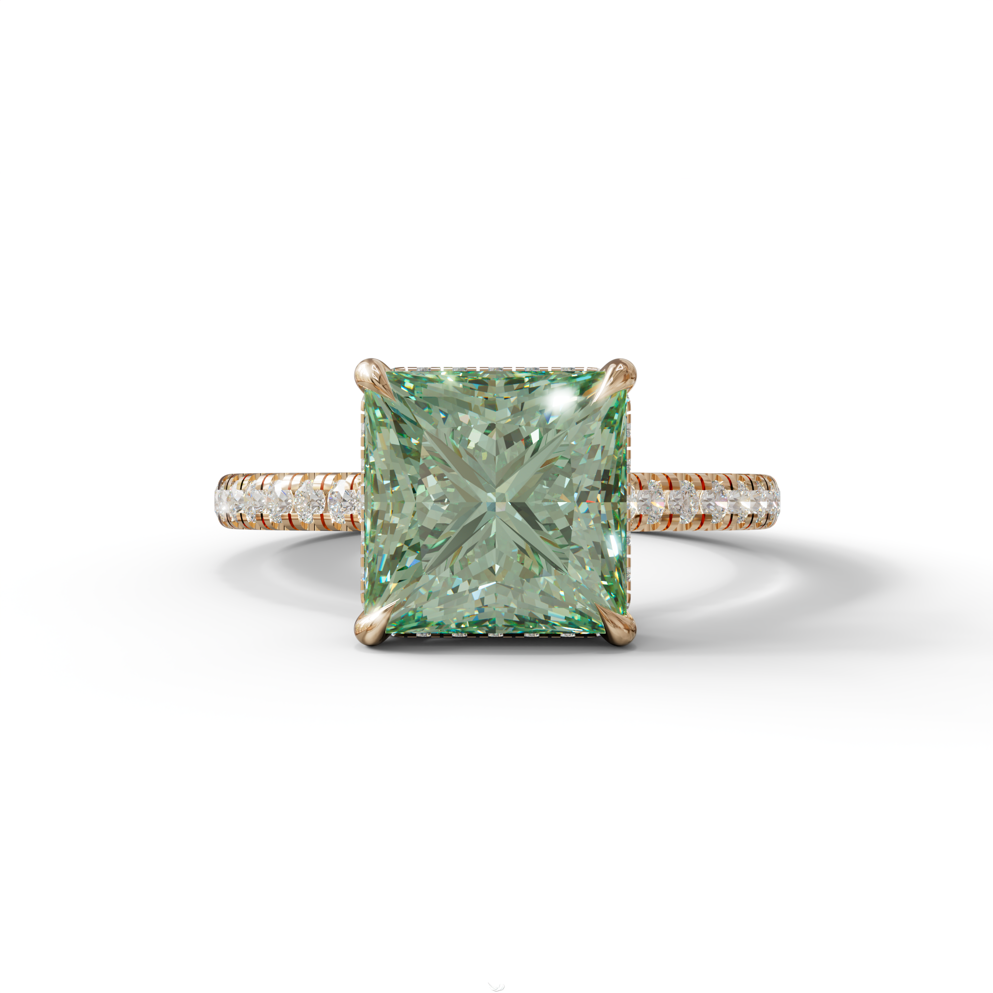 3 Carat Fancy Green Princess Cut Hidden Halo Lab Grown Diamond Engagement Ring - 10K Solid Gold / Rose Gold