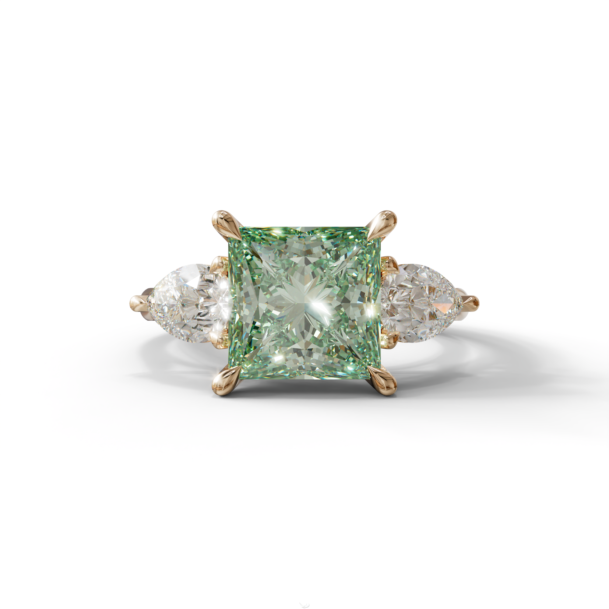 3 Carat Green Princess Cut Lab Diamond In 3 Stones Claw Prongs Setting Ring - 10K Solid Gold / Rose Gold