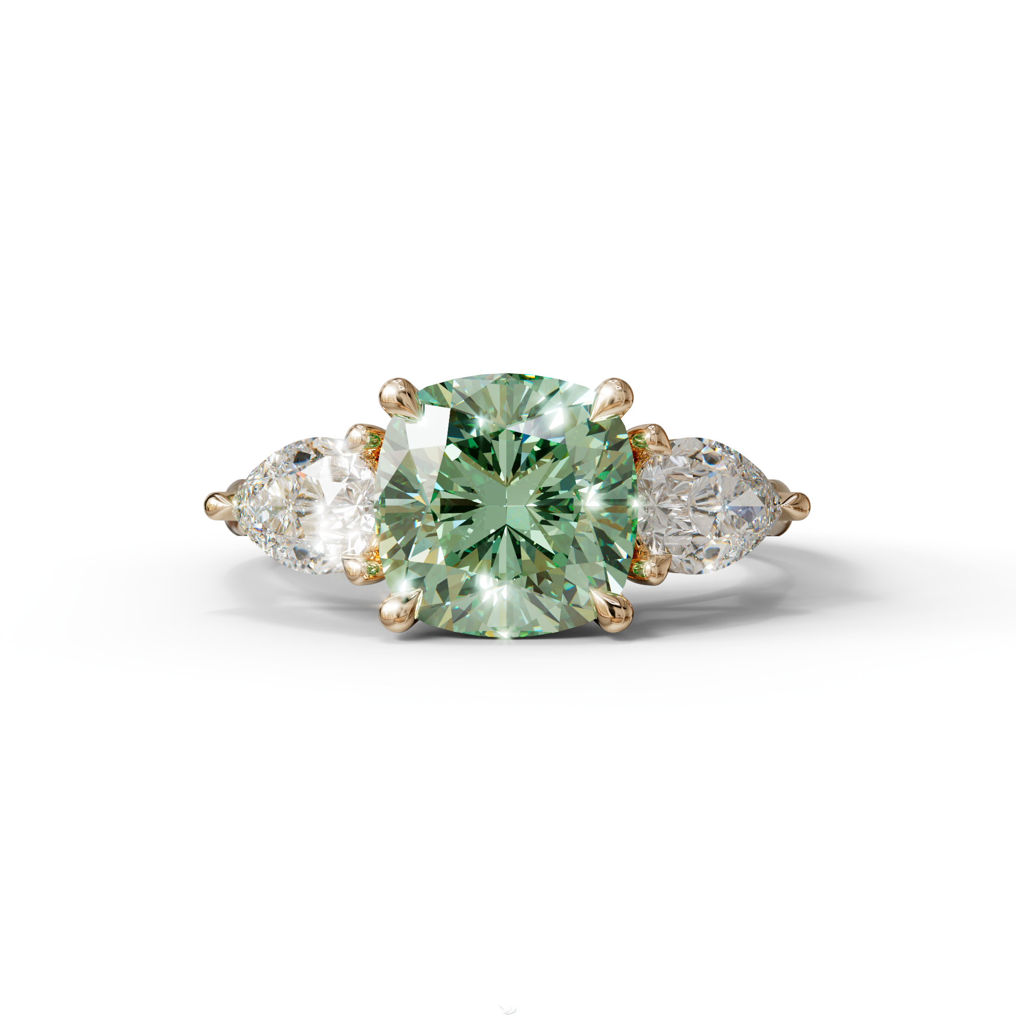 3 Ct Green Cushion Cut Lab Diamond In 3 Stones Claw Prongs Setting Ring - 10K Solid Gold / Rose Gold