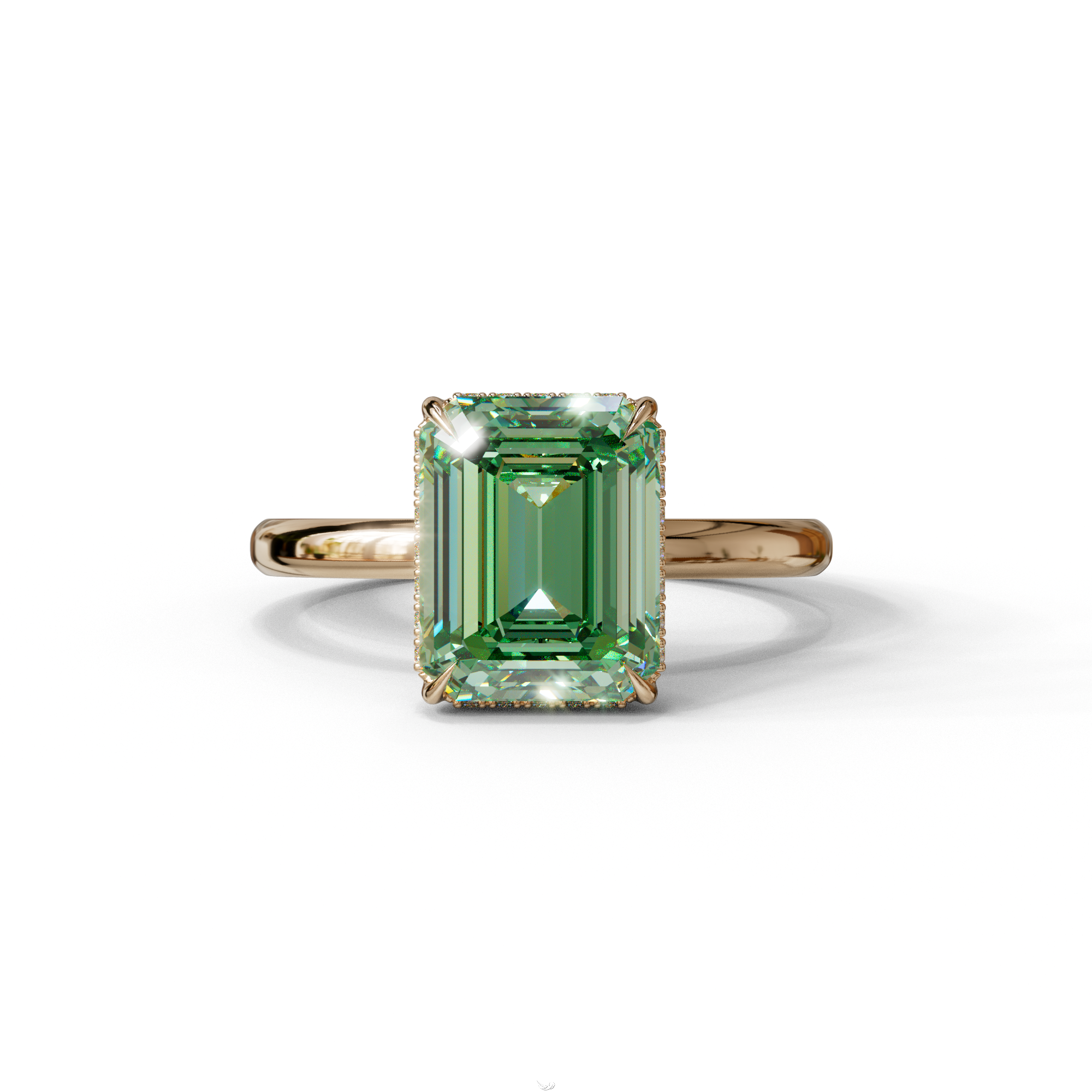 3 Carat Green Emerald Cut Hidden Halo & Claw Setting Lab Grown Diamond Ring - 10K Solid Gold / Rose Gold