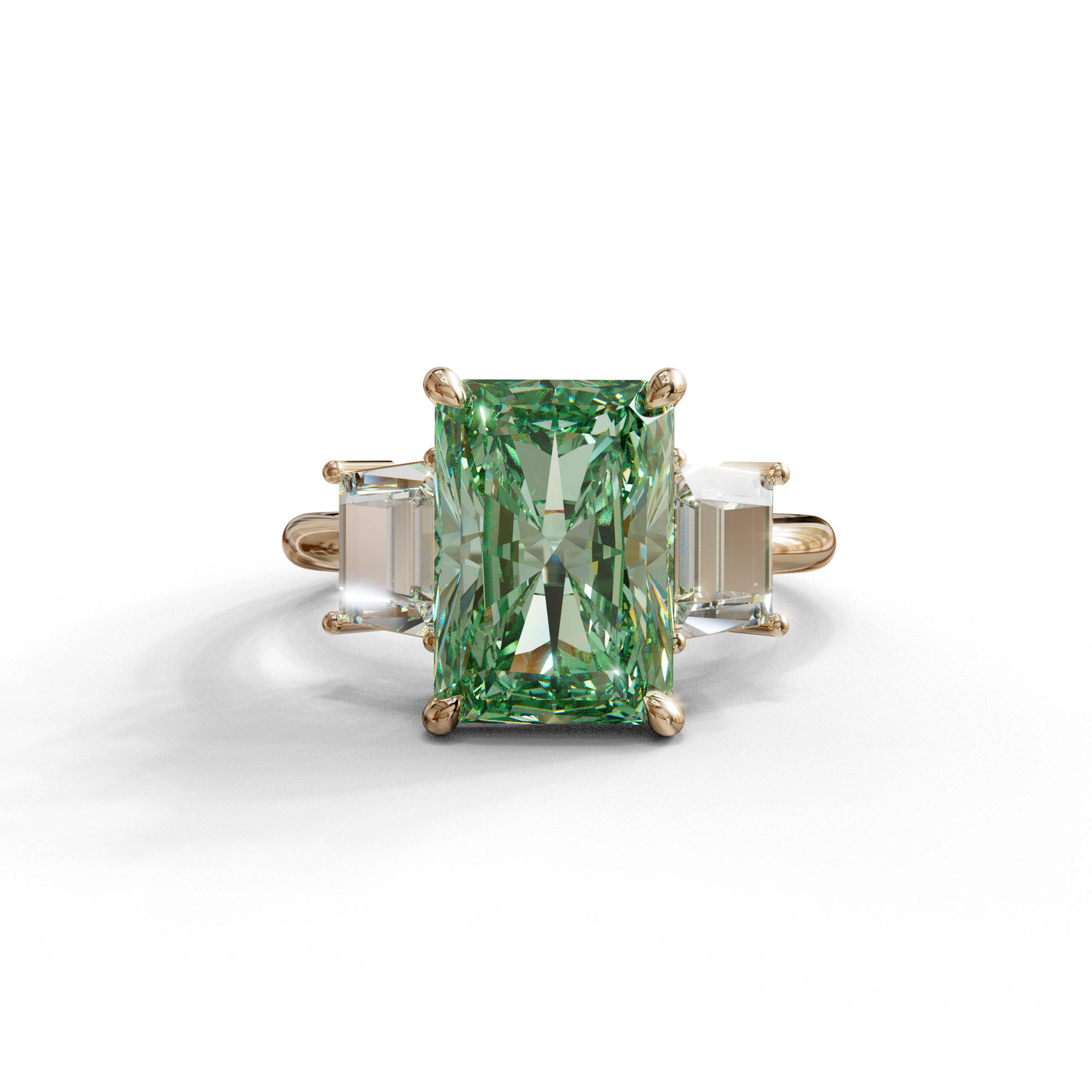 4 Carat Green Radiant & Trapezoid Three Stone Engagement Ring - Embrace - 10K Solid Gold / Rose Gold
