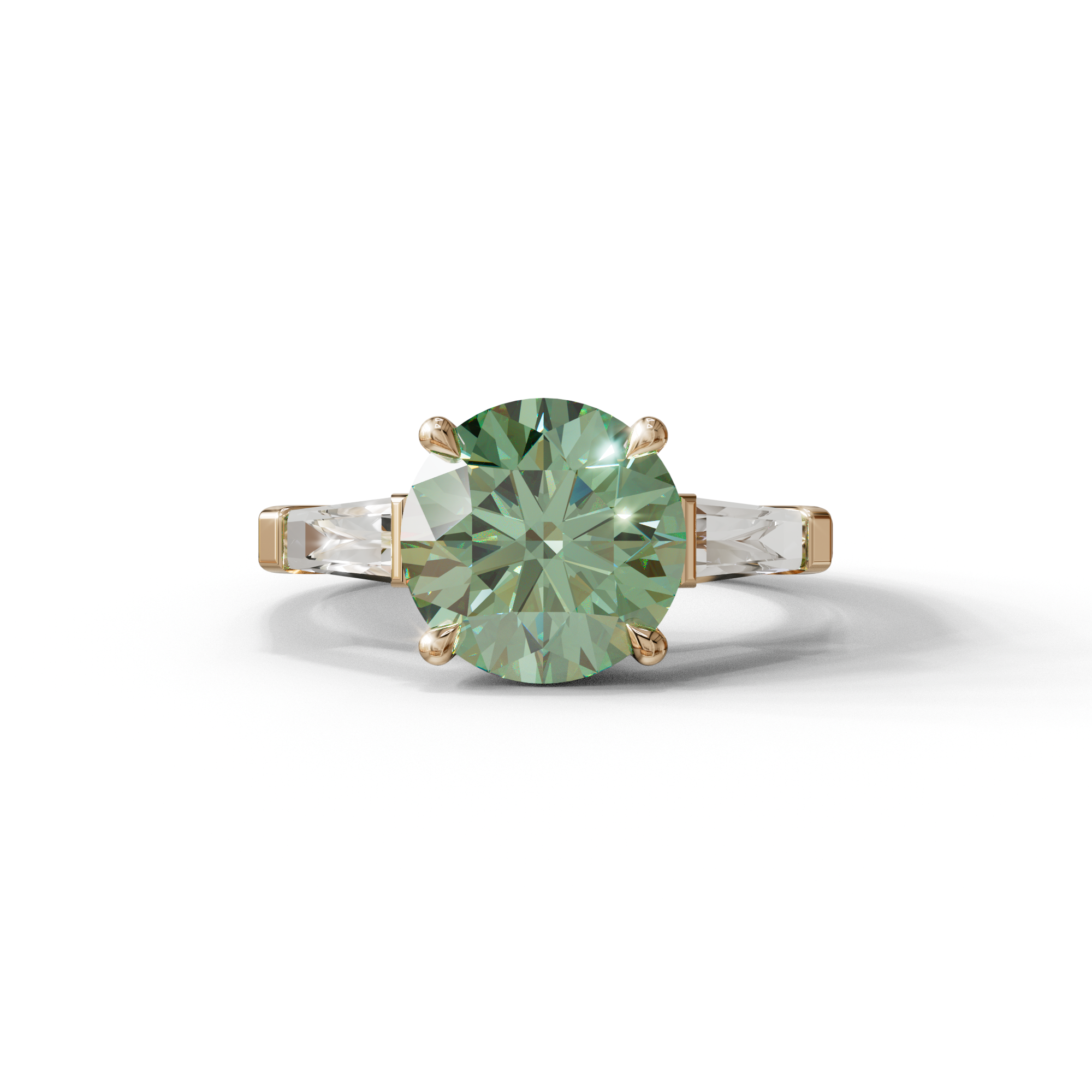 3 Carat Green Round & Tapered Cut Multi Stone Lab Diamond Ring - Reflection - 10K Solid Gold / Rose Gold