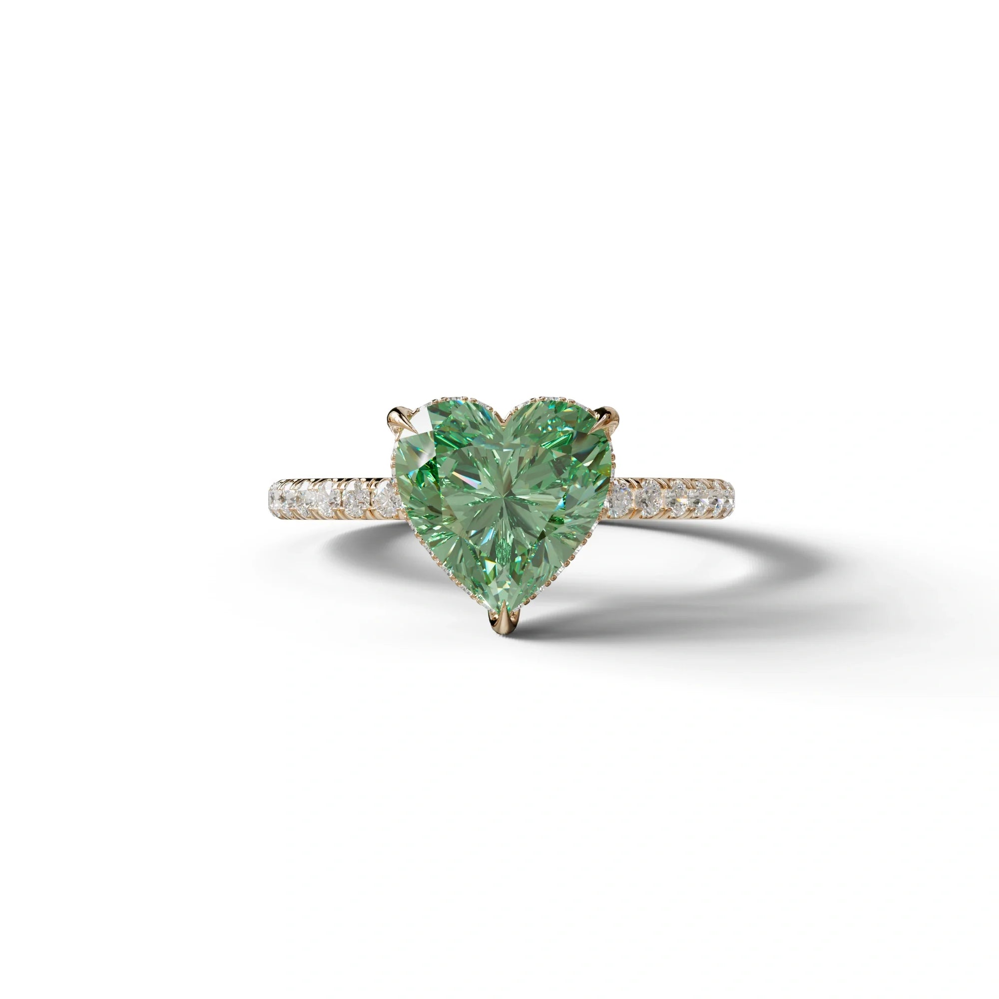 Green 3 Carat Heart Cut Hidden Halo & Pavé Setting Engagement Ring - 10K Solid Gold / Rose Gold