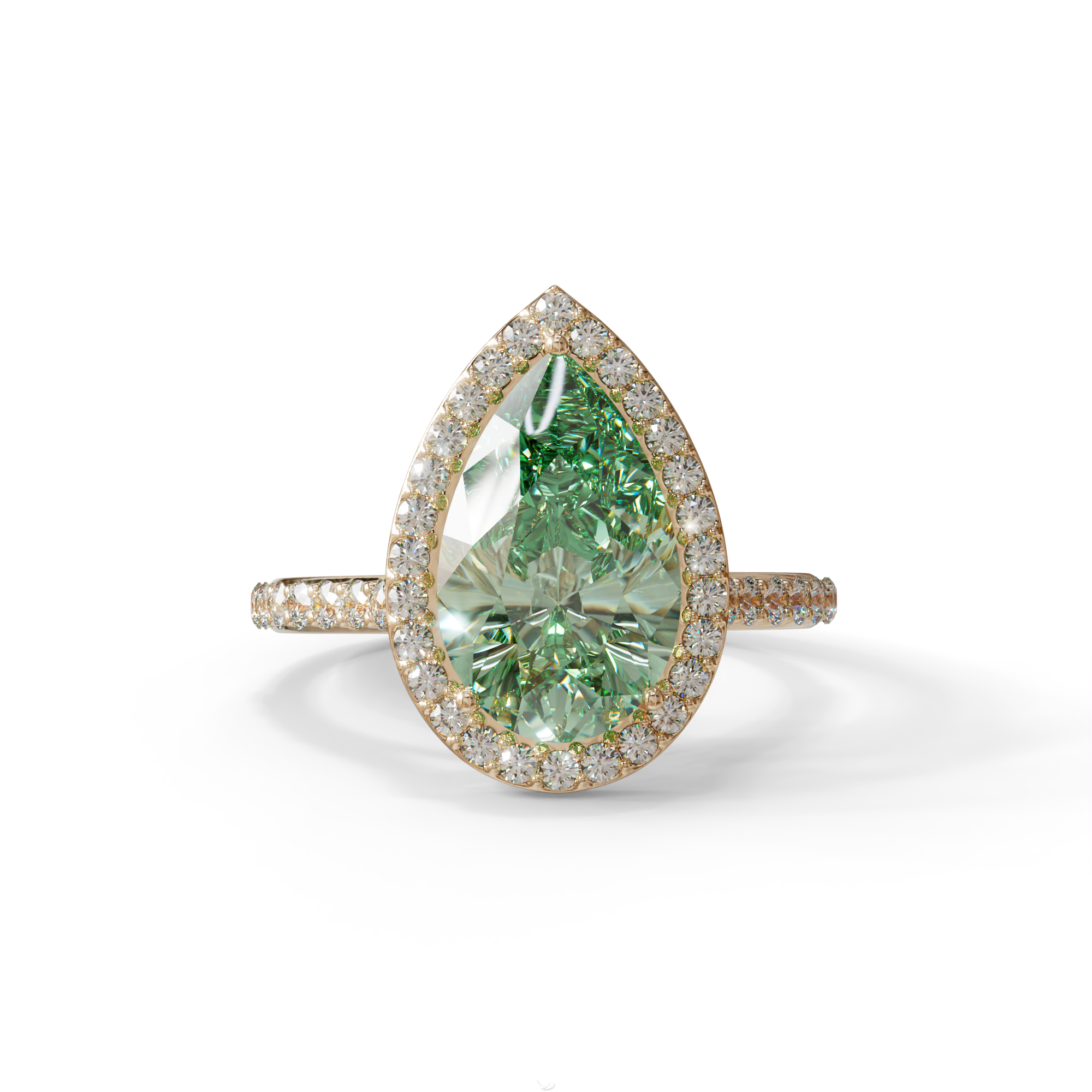3 Carat Green Pear Cut Halo & Pave Setting Lab Grown Diamond Ring - Madona - 10K Solid Gold / Rose Gold