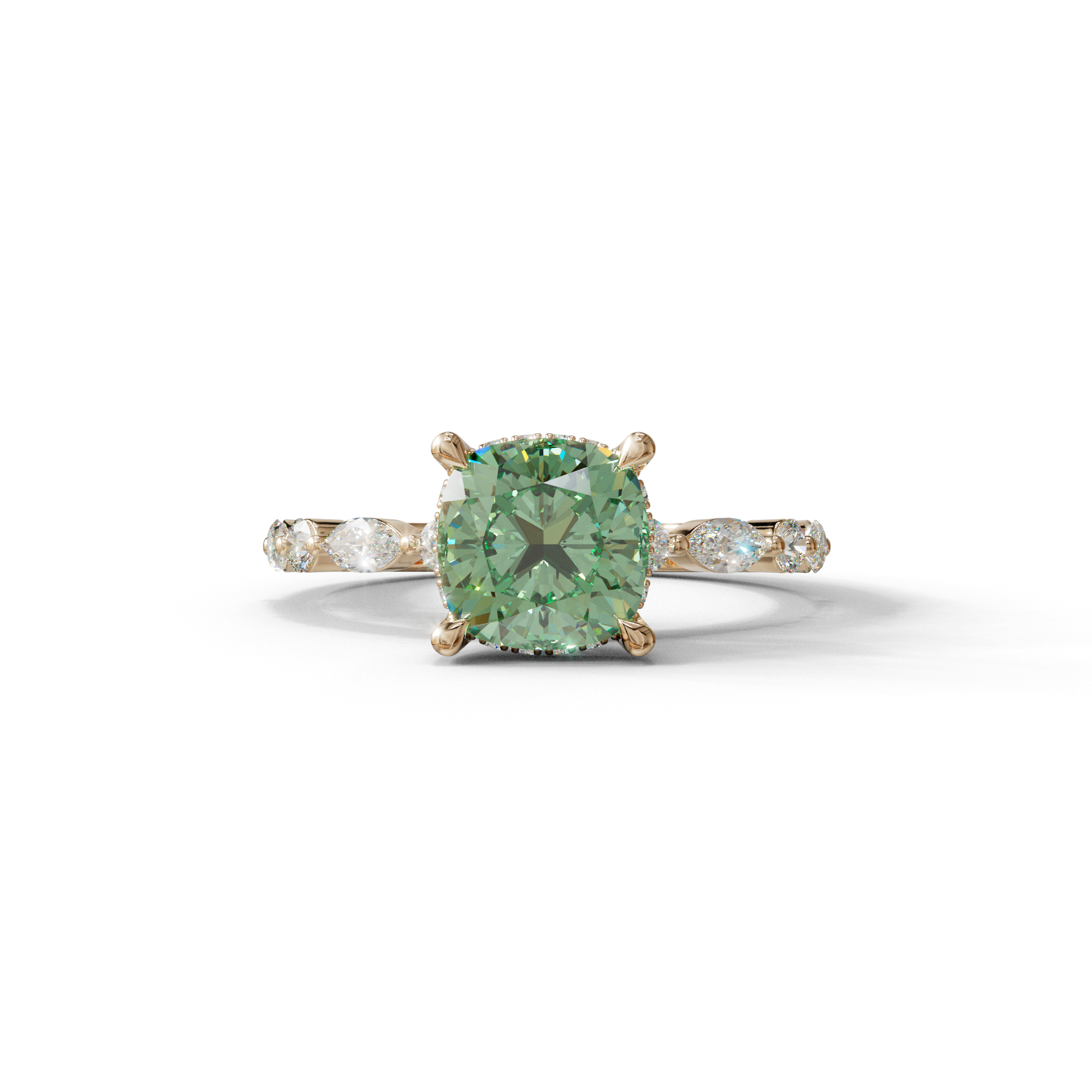 2 Carat Green Cushion Cut Hidden Halo & Pave Lab Diamond Ring - Daisy - 10K Solid Gold / Rose Gold