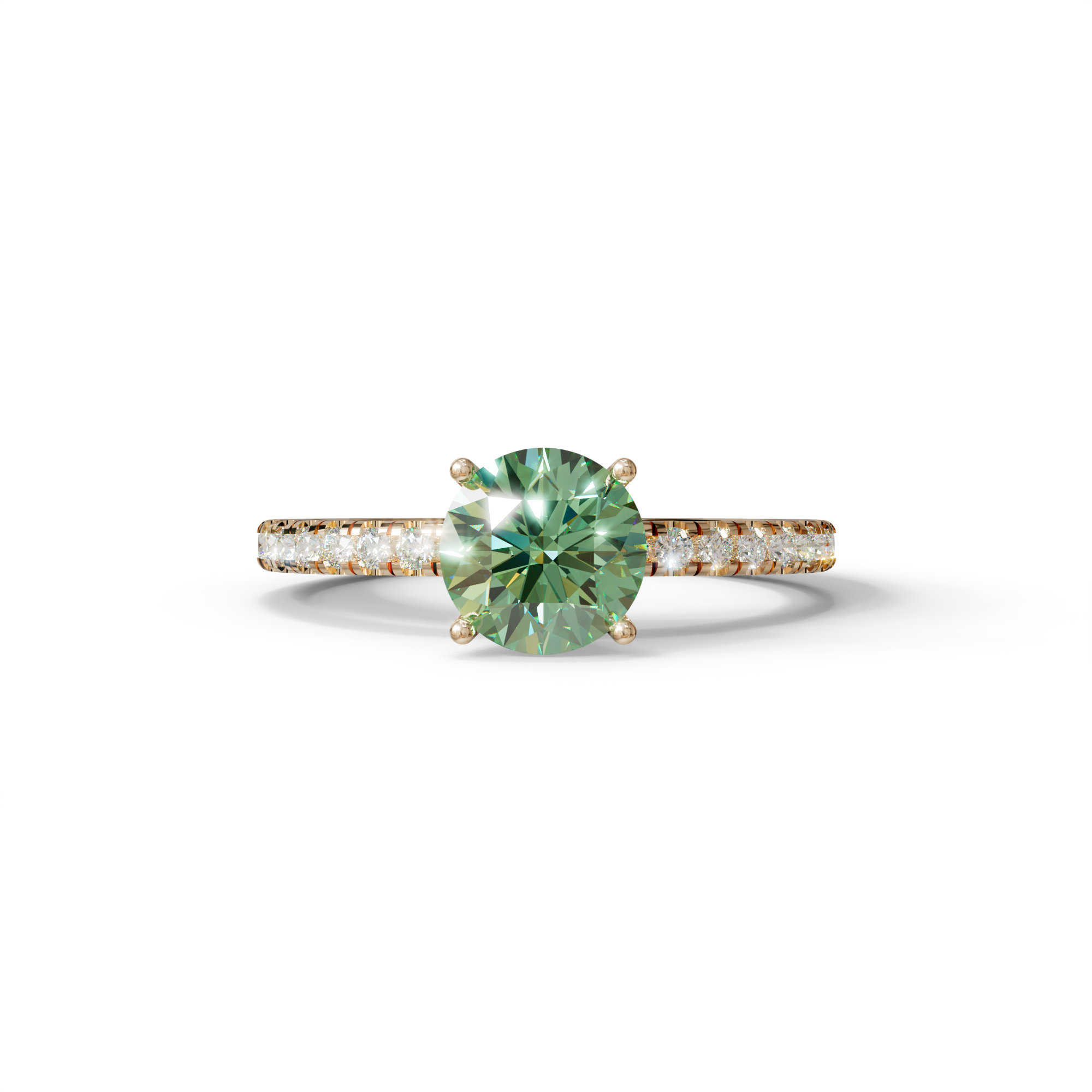 1.5 Carat Green Round Lab Diamond Ring - Classic Pave Set Ring - 10K Solid Gold / Rose Gold