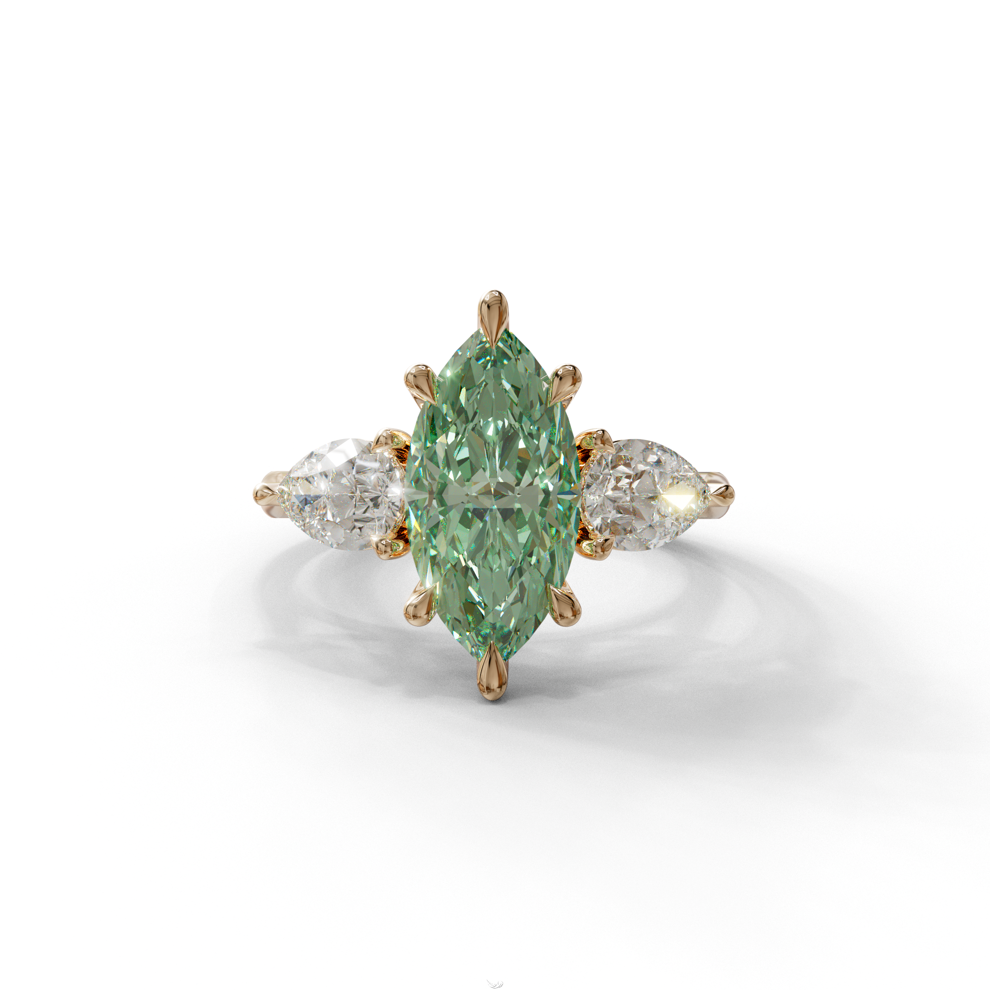 3 Carat Fancy Green Marquise & Pear Cut Three Stone Lab Grown Diamond Engagement Ring - 10K Solid Gold / Rose Gold