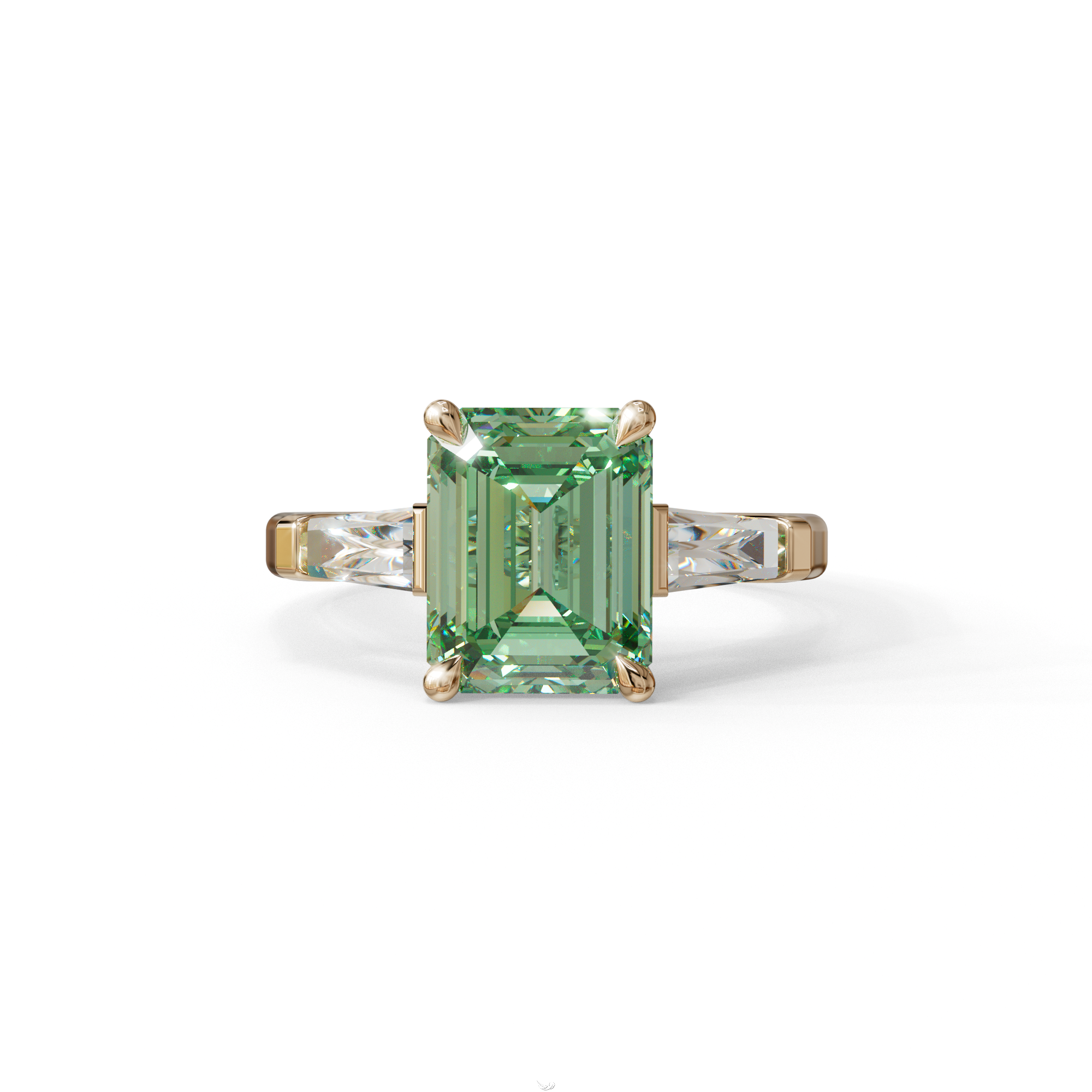3 Carat Fancy Vivid Green Emerald & Tapered Baguette diamond ring - 10K Solid Gold / Rose Gold